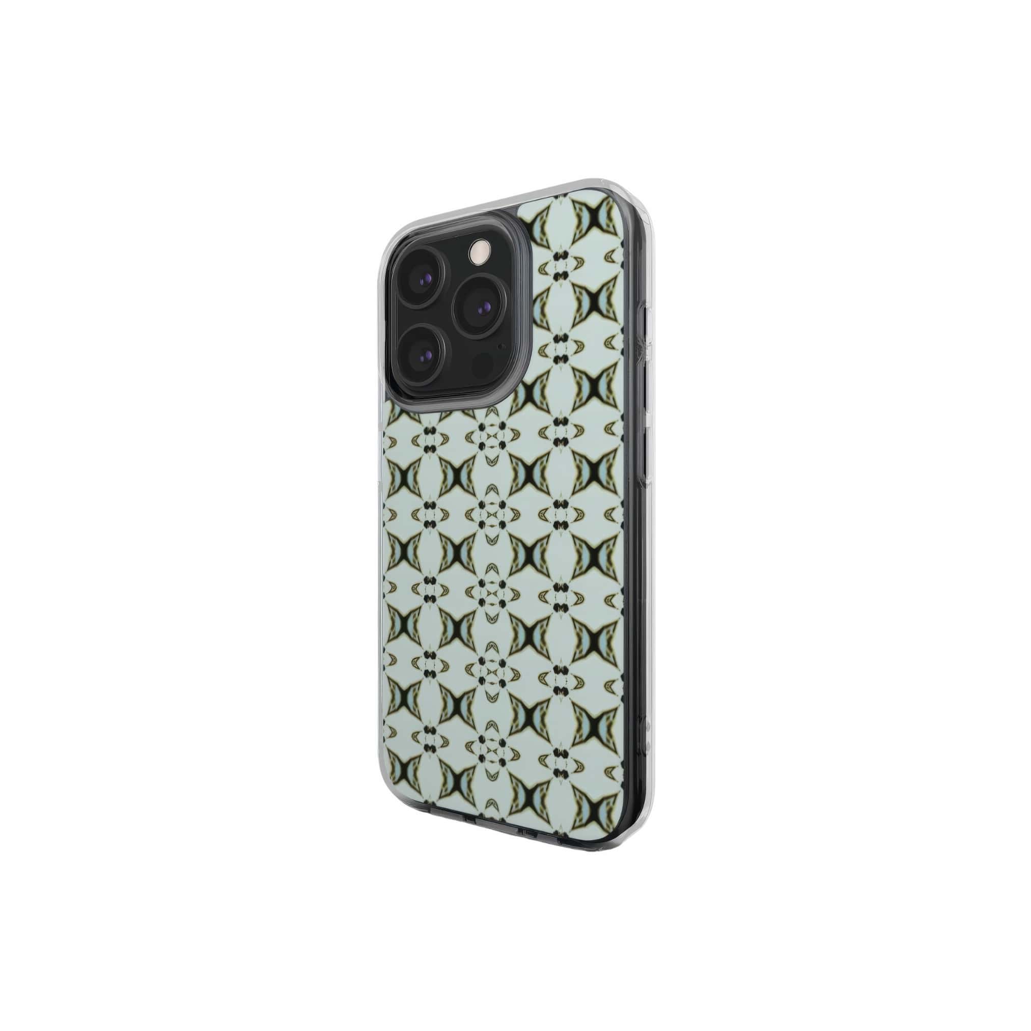 Clear phone case ButterFly pattern design with a playful, bold expression of kaleidoscope form, featuring an elegant and expressive aesthetic design. Main color is light blue. Side view.