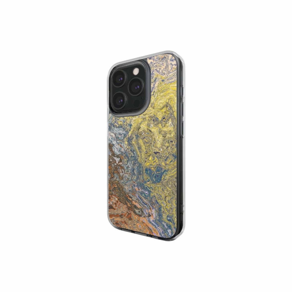 Clear phone case with a calm color pattern Chill Time abstract and artistic style, featuring an elegant and aesthetic design. Main colors are muted yellow, grey and orange, brown. Side view.