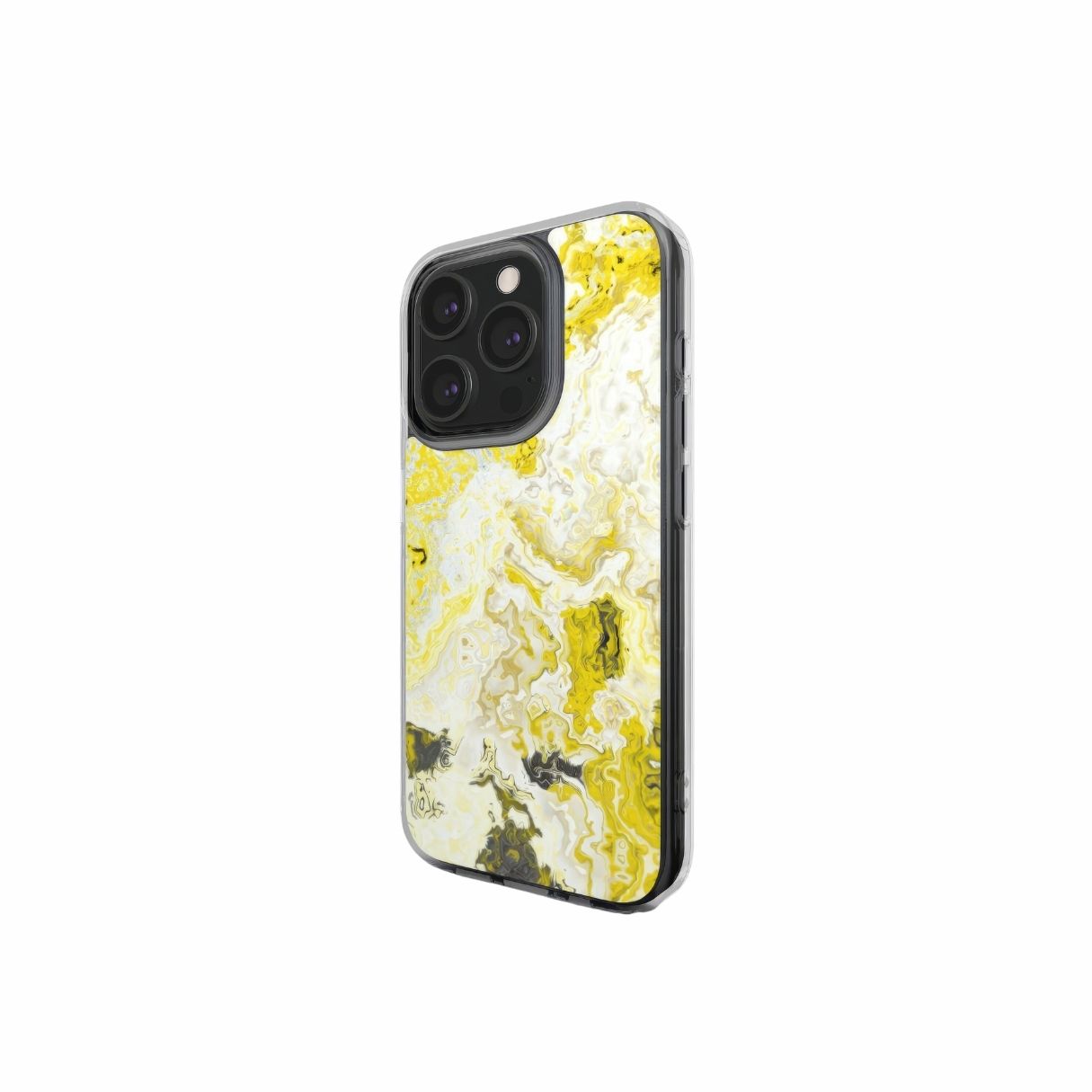 Clear phone case side view; Citron pattern, artistic, abstract marble pattern. Yellow and white color combination. Bold expressive aesthetic design. Colorful and interior fit. Elegant.