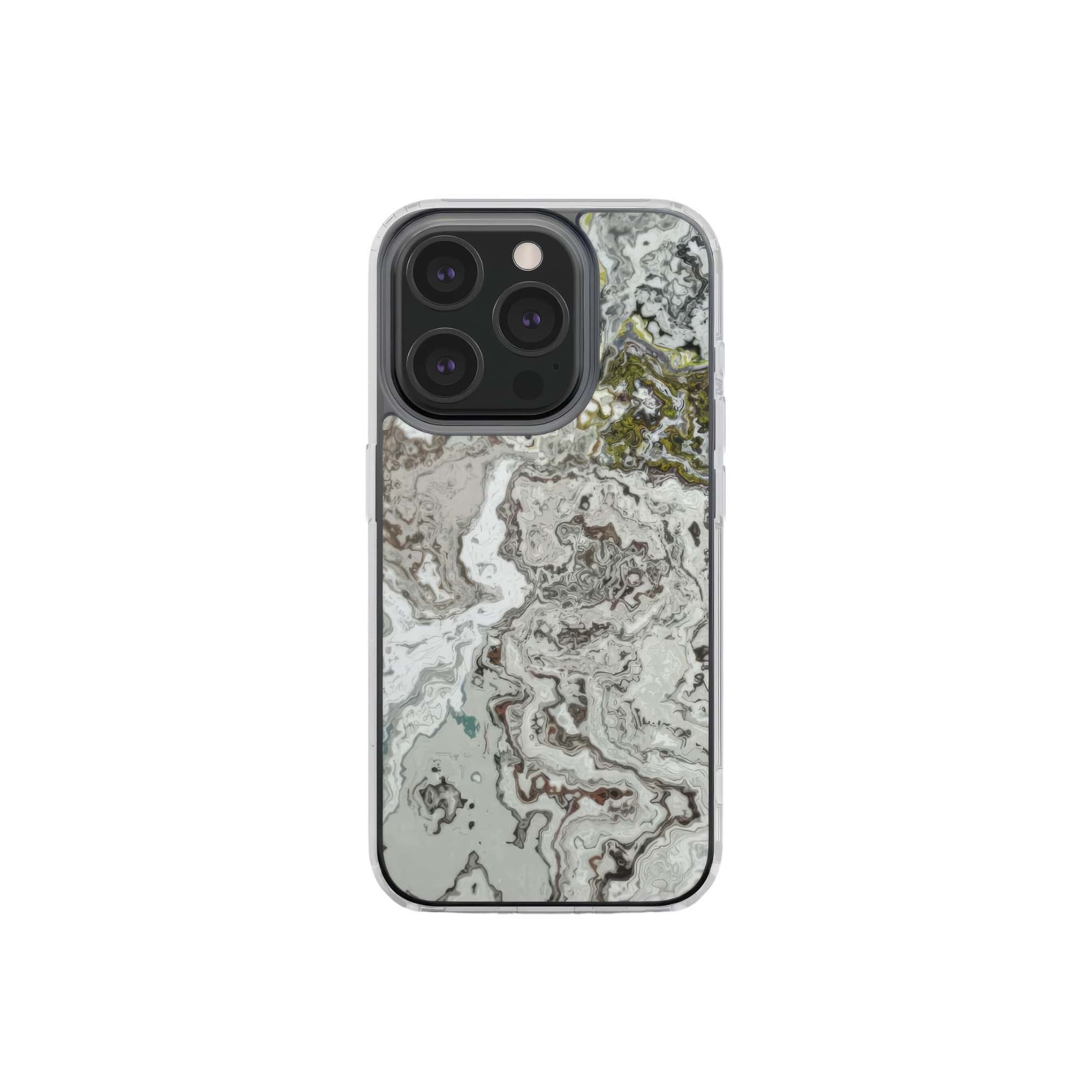 Clear phone case front view; Classic White Marble 1 pattern, artistic, abstract marble pattern. White and grey color combination. Bold expressive aesthetic design. Colorful and interior fit. Elegant.