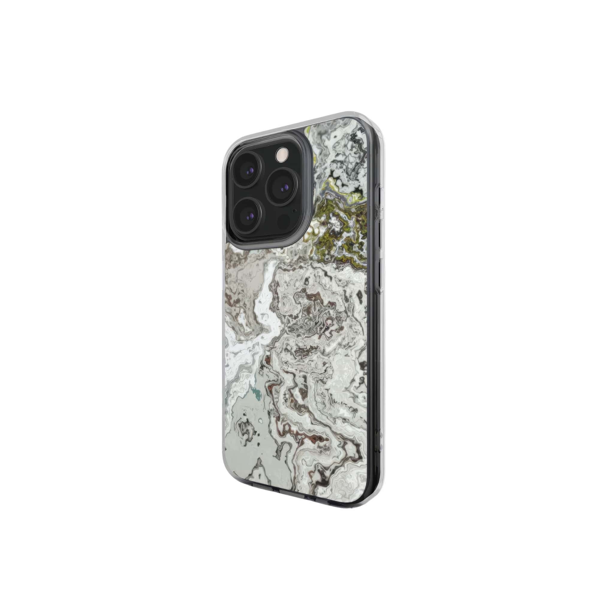 Clear phone case side view; Classic White Marble 1 pattern, artistic, abstract marble pattern. White and grey color combination.