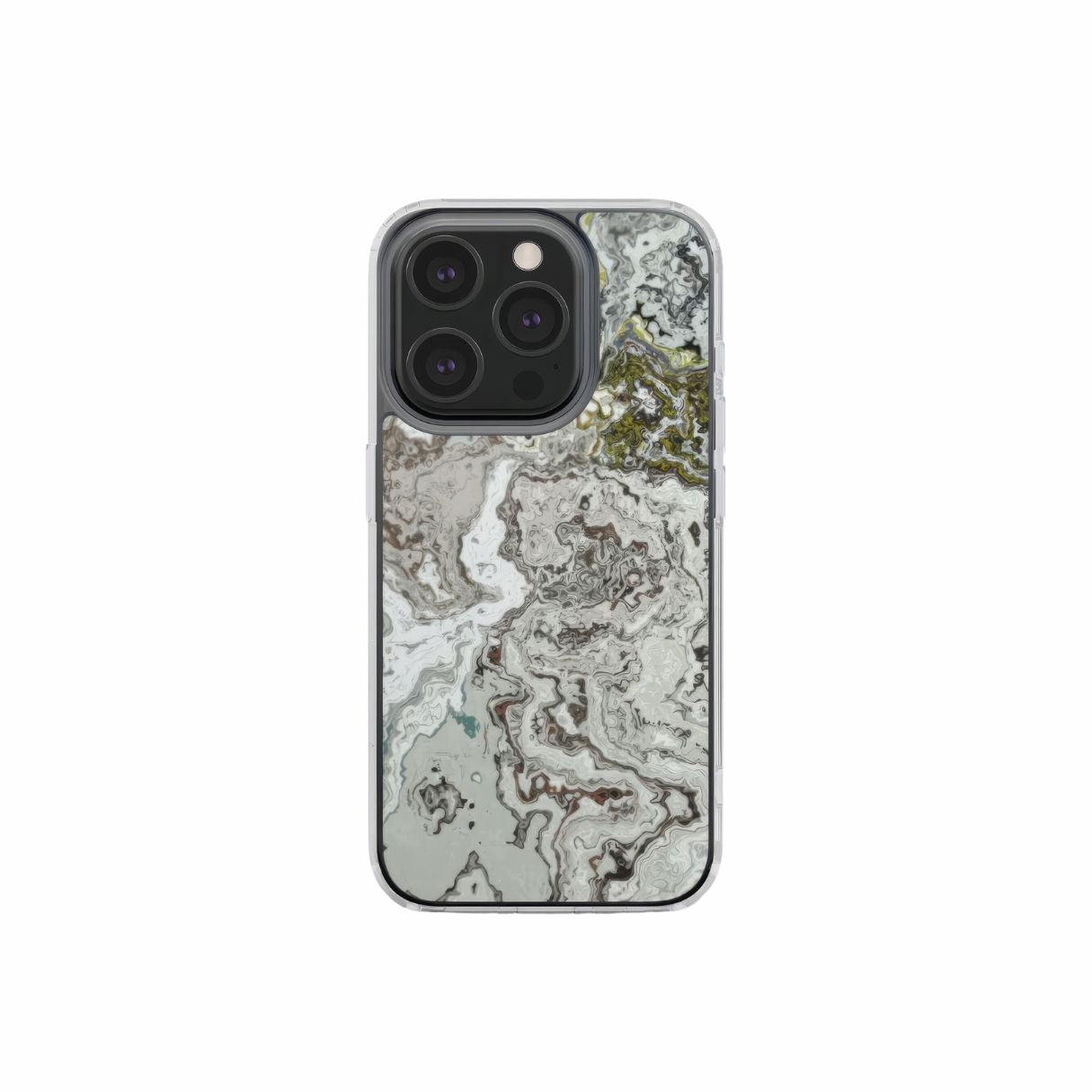 Clear phone case front view; Classic White Marble pattern, artistic, abstract marble pattern. White and grey color combination. Bold expressive aesthetic design. Colorful and interior fit. Elegant.