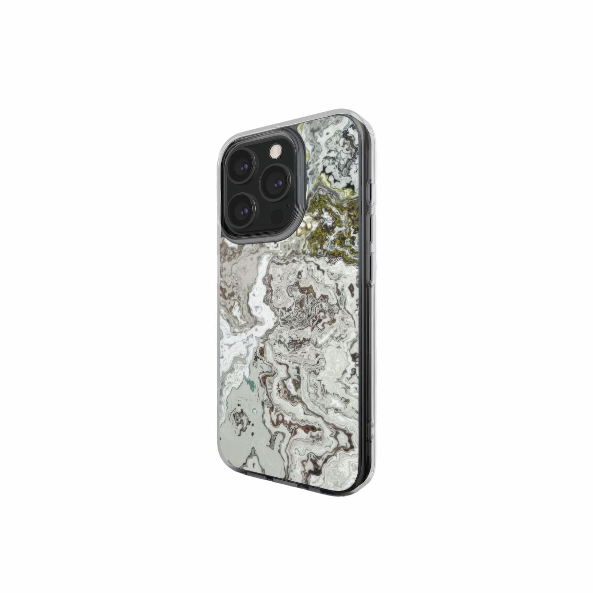 Clear phone case side view; Classic White Marble pattern, artistic, abstract marble pattern. White and grey color combination. Bold expressive aesthetic design. Colorful and interior fit. Elegant.
