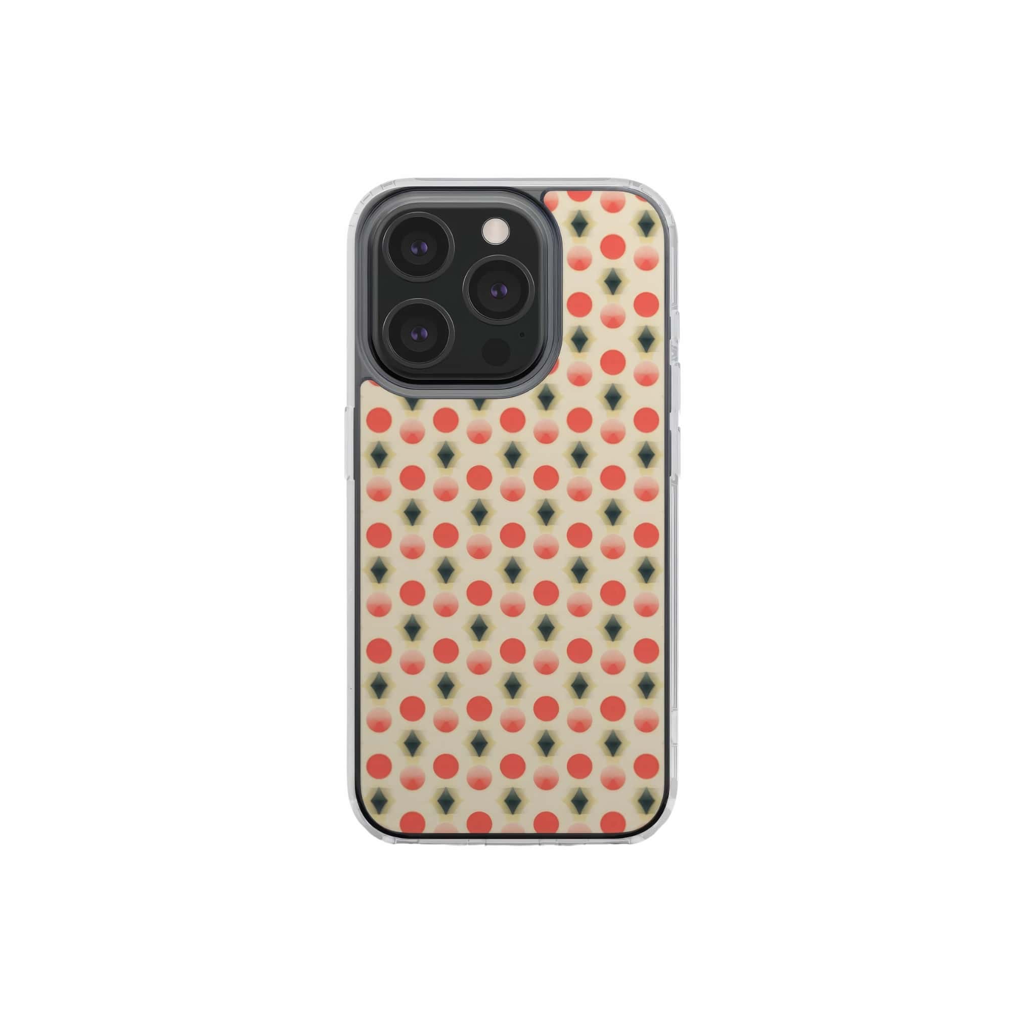 Clear phone case front view; clown add 2 pattern, artistic, ornamental kaleidoscope pattern. Red and beige color combination. Bold expressive aesthetic design. Colorful and interior fit. Elegant.