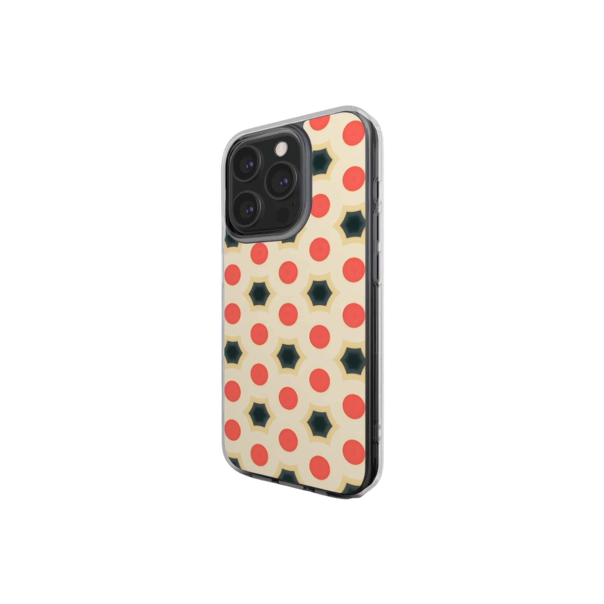 Clear phone case side view; Clown Add pattern, artistic, ornamental kaleidoscope pattern. Red and beige color combination. 