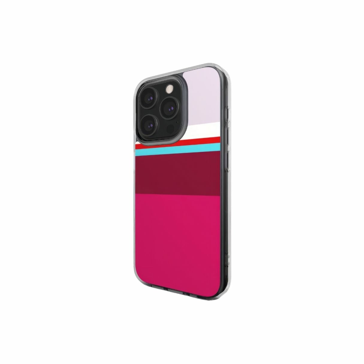 Clear phone case Color Blocks Fuchsia pattern design with a color blocks, featuring an elegant and expressive aesthetic design. Main colors are lilac, red, passion pink and fuchsia. Side view.