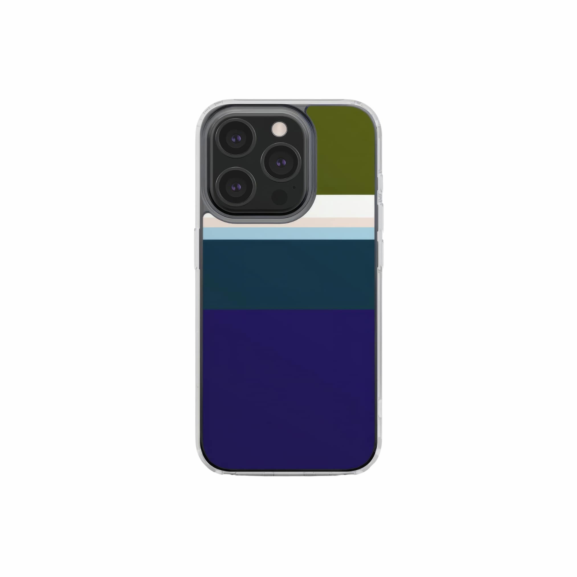 Clear phone case Color Blocks Navy pattern design with a color blocks, featuring an elegant and expressive aesthetic design. Main colors are khaki, navy blue, deep marine, light blue and pink. Front view.