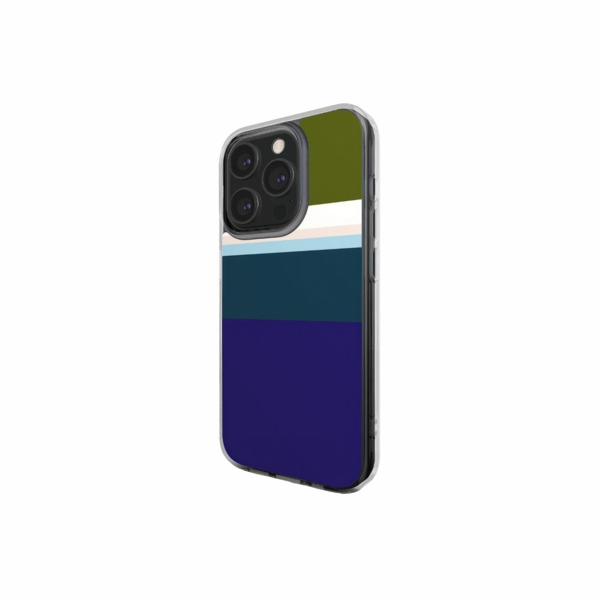 Clear phone case Color Blocks Navy pattern design with a color blocks, featuring an elegant and expressive aesthetic design. Main colors are khaki, navy blue, deep marine, light blue and pink. Side view.