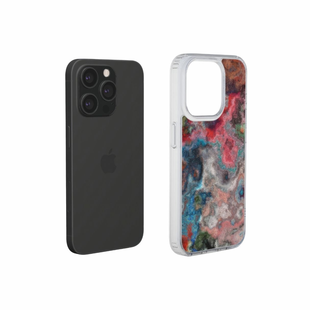 Clear phone case with vivid color pattern Color Fog abstract and artistic style, featuring an elegant and expressive aesthetic design. Main colors are red, deep blue and green. Extend view.