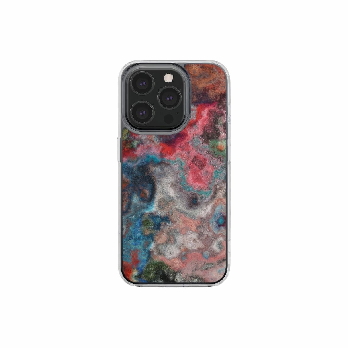 Clear phone case with vivid color pattern Color Fog abstract and artistic style, featuring an elegant and expressive aesthetic design. Main colors are red, deep blue and green. Front view.