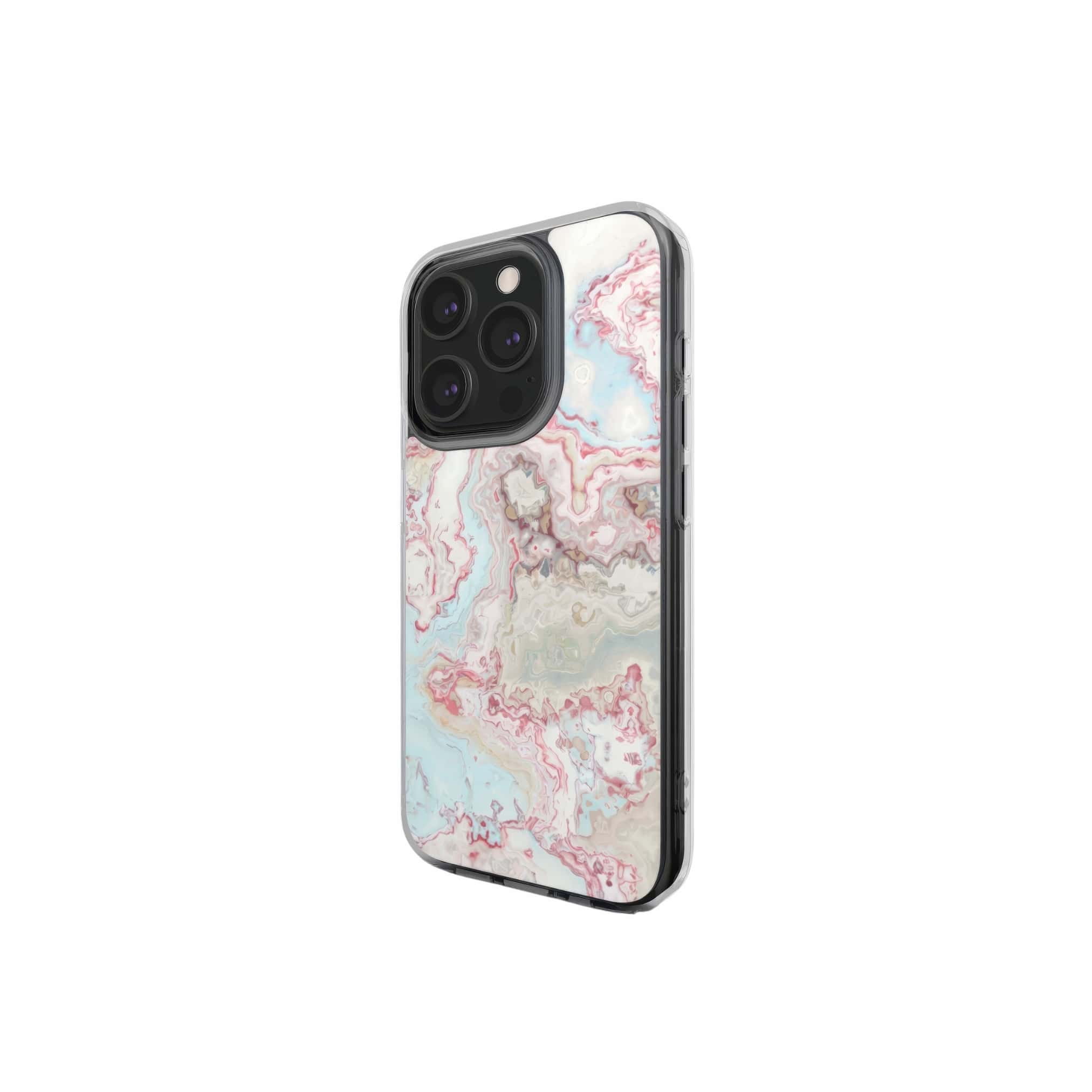Clear phone case side view; Divine Blue 2 pattern, artistic, abstract marble pattern. Light blue and pink color combination. 