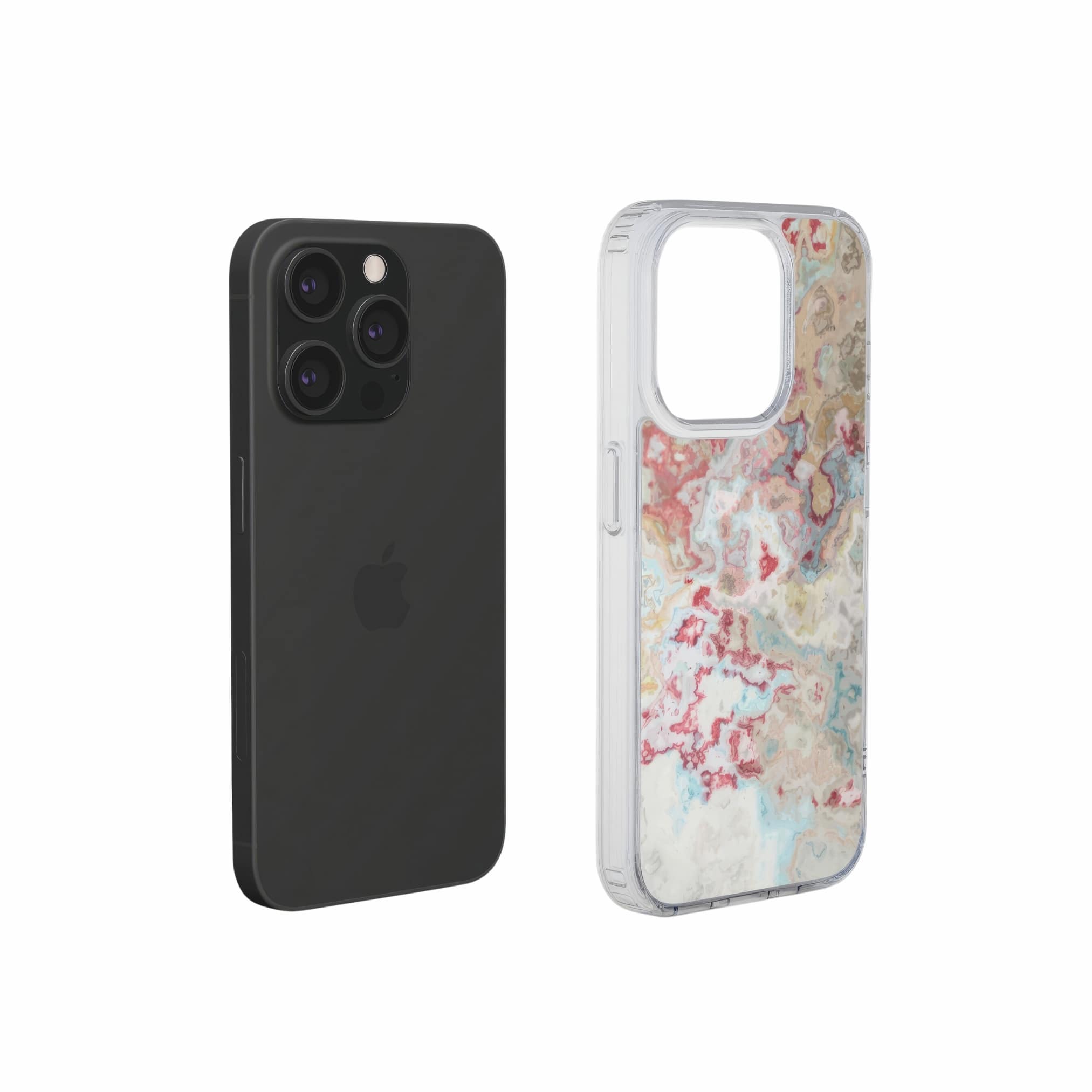 Clear phone case extend view; Divine Blue pattern, artistic, abstract marble pattern. Pink, light blue and beige color combination.
