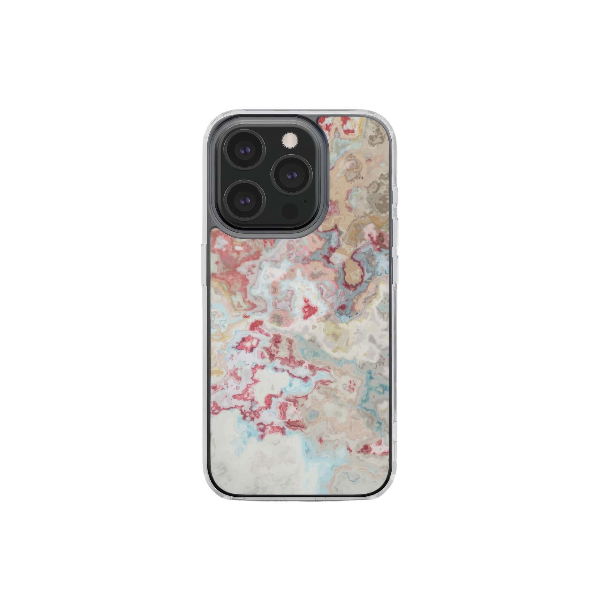 Clear phone case front view; Divine Blue pattern, artistic, abstract marble pattern. Pink, light blue and beige color combination. Bold expressive aesthetic design. Colorful and interior fit. Elegant.