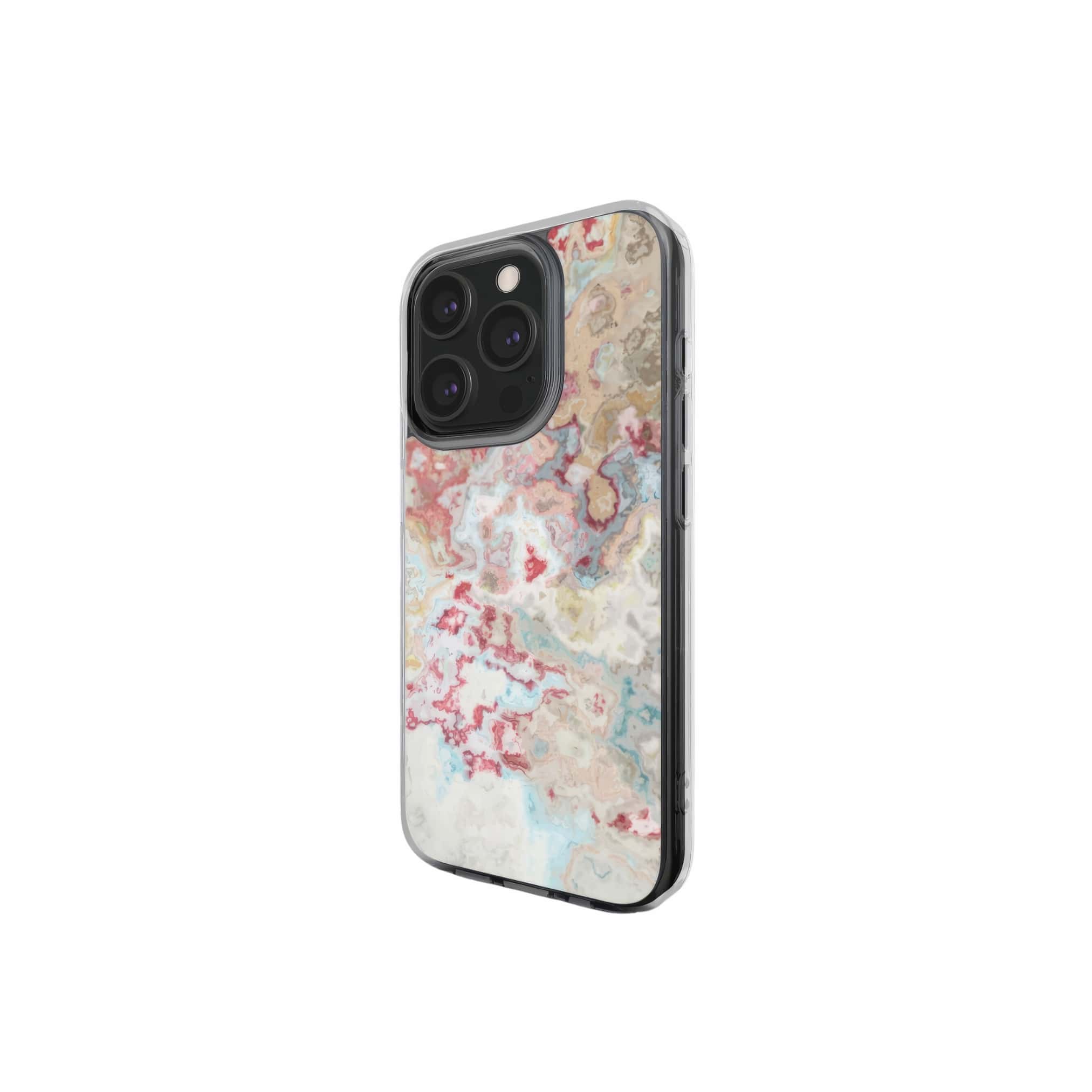 Clear phone case side view; Divine Blue pattern, artistic, abstract marble pattern. Pink, light blue and beige color combination.