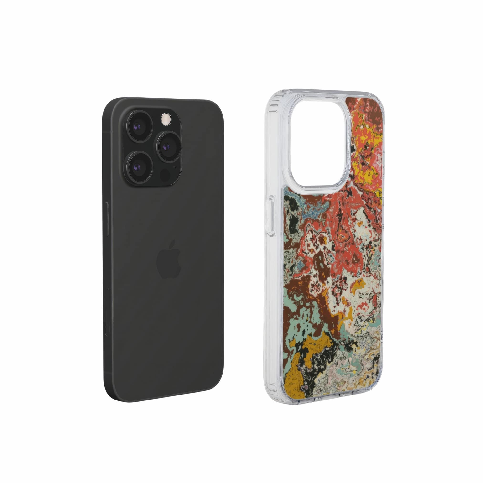 Clear phone case extend view; Earth in Flux 1 pattern, artistic, abstract marble pattern. Blue and brick red color combination. 