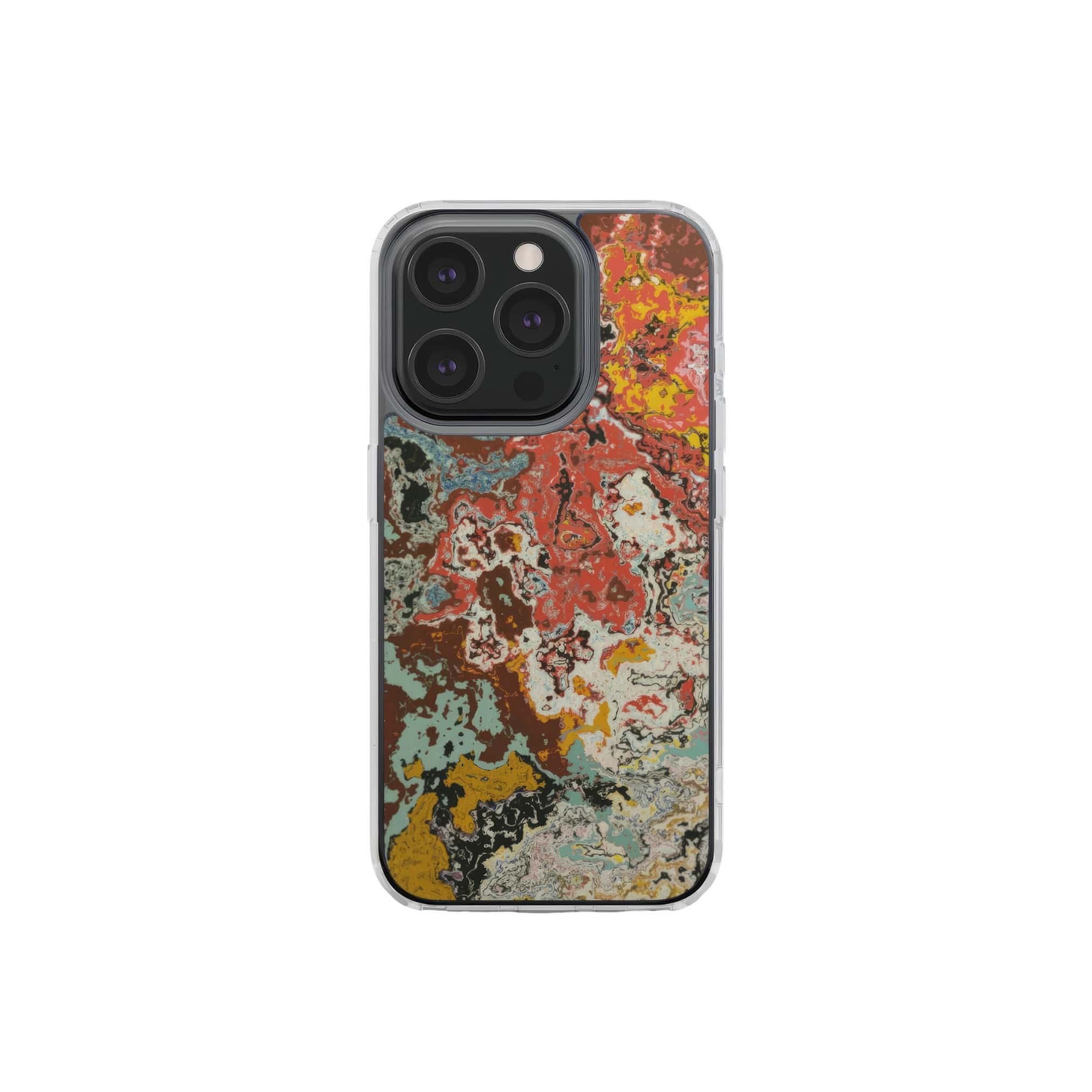 Clear phone case front view; Earth in Flux 1 pattern, artistic, abstract marble pattern. Blue and brick red color combination. Bold expressive aesthetic design. Colorful and interior fit. Elegant.