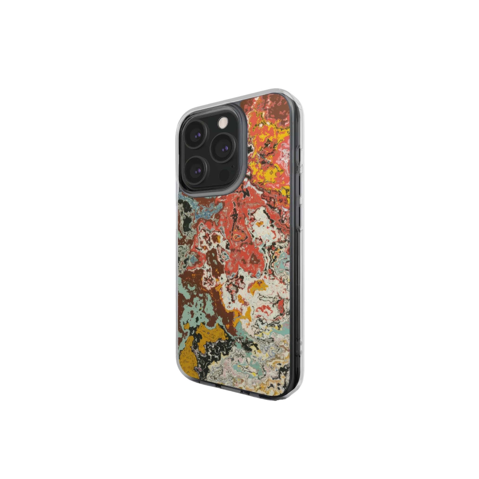 Clear phone case side view; Earth in Flux pattern, artistic, abstract marble pattern. Blue and brick red color combination. 