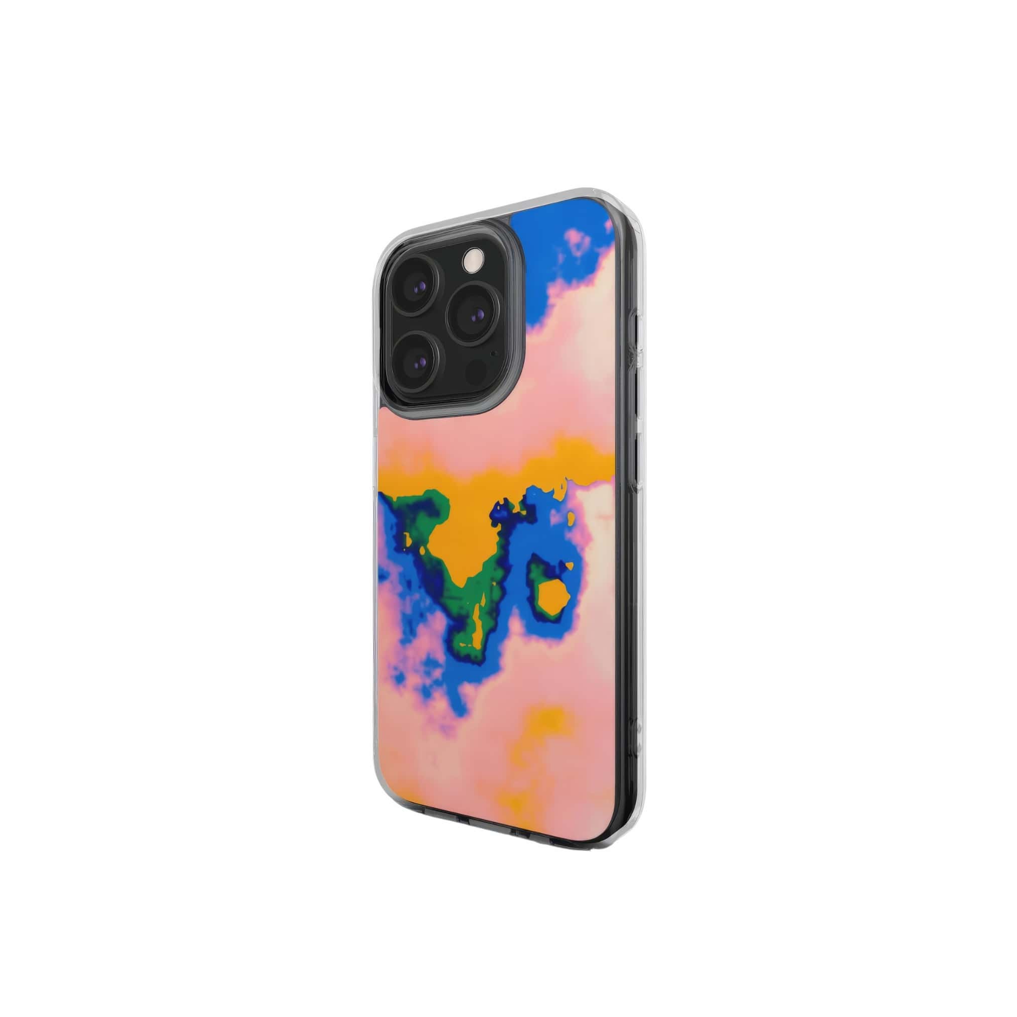 Clear phone case side view; Electricity 1 pattern, artistic, abstract marble pattern. Blue and orange color combination. 