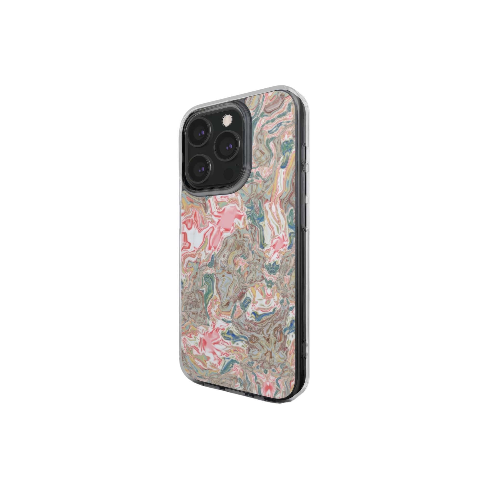 Clear phone case side view; Feel Impress 1 pattern, artistic, abstract marble pattern. Pastel blue, green and red color combination. Inspired by impressionist art.