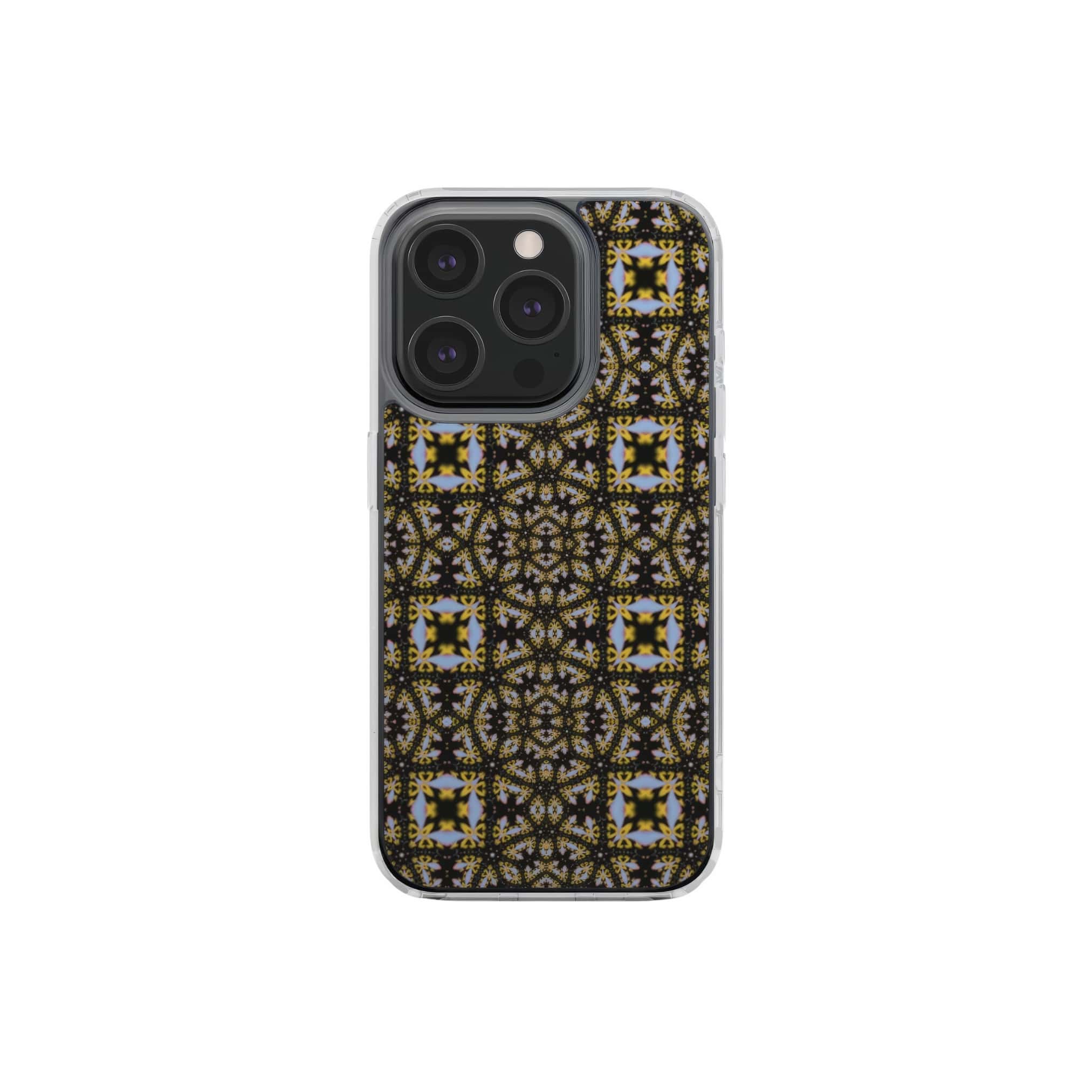 Clear phone case Fleurs Du Jardin 1 pattern with geometric design, featuring an elegant and expressive aesthetic shape. Main colors are blue, yellow and dark purple. Front view.