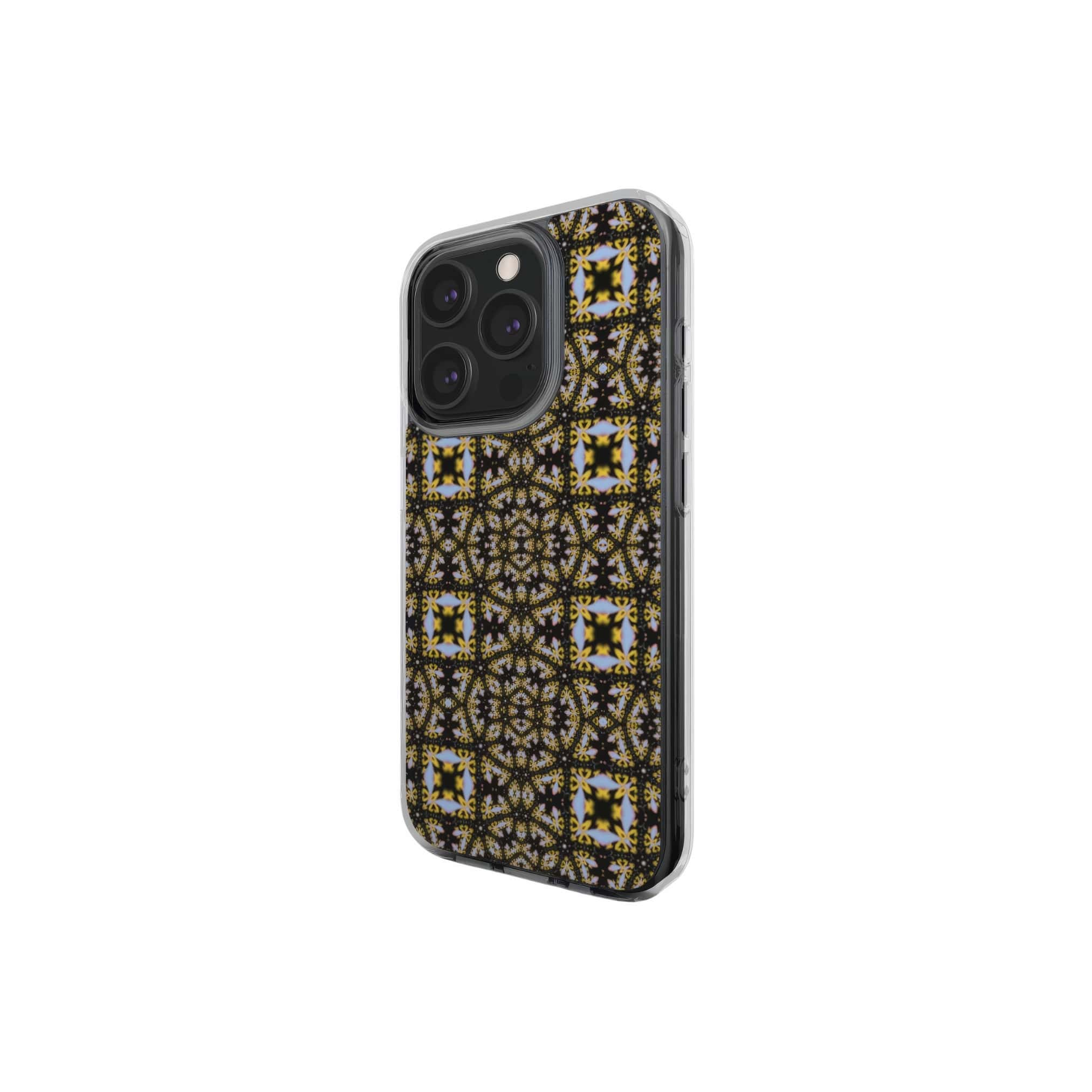 Clear phone case Fleurs Du Jardin 1 pattern with geometric design, featuring an elegant and expressive aesthetic shape. Main colors are blue, yellow and dark purple. Side view.