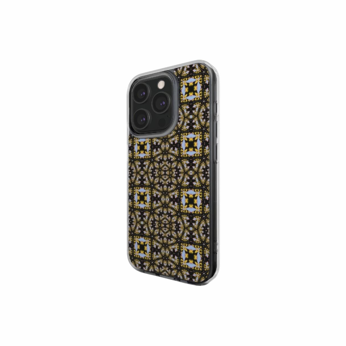 Clear phone case Fleurs Du Jardin pattern with geometric design, featuring an elegant and expressive aesthetic shape. Main colors are blue, yellow and dark purple. Side view.