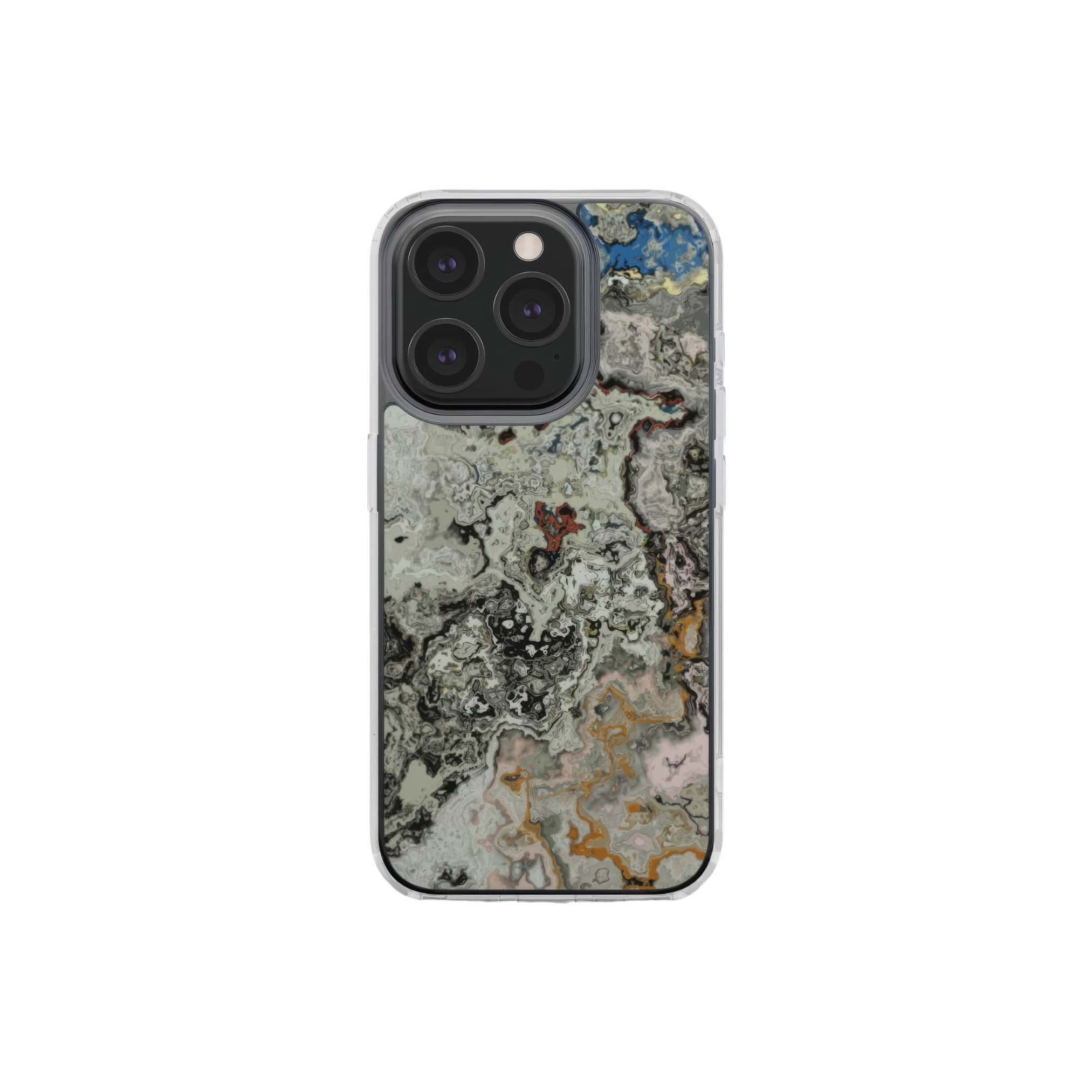 Clear phone case front view; Full Moon pattern, marble pattern; moon surface imagination. Bold expressive aesthetic design. Colorful and interior fit. Elegant.