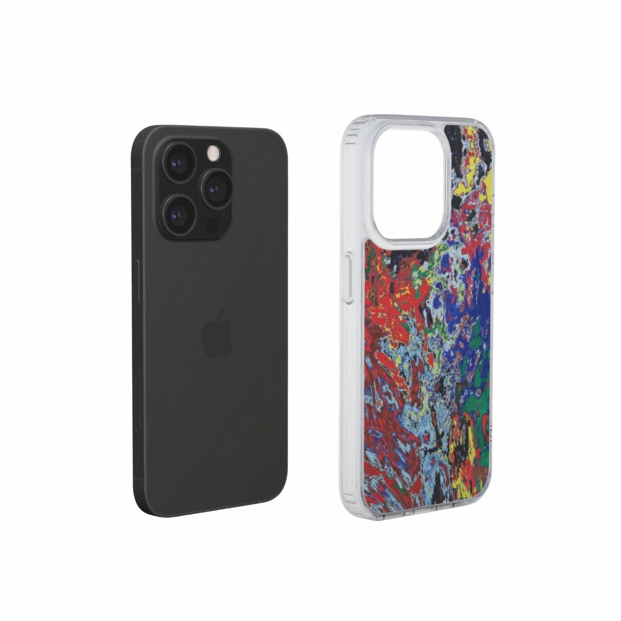 Clear phone case with a bold vivid pattern Graffiti Pulse abstract and artistic style, featuring an elegant and expressive aesthetic design. Main colors are red, blue, black and yellow. Extend view.