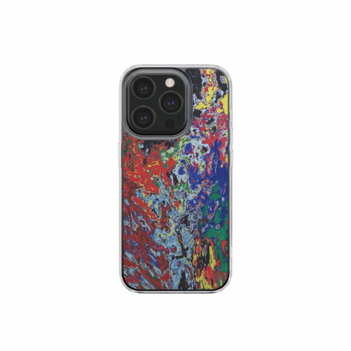 Clear phone case with a bold vivid pattern Graffiti Pulse abstract and artistic style, featuring an elegant and expressive aesthetic design. Main colors are red, blue, black and yellow. Front view.