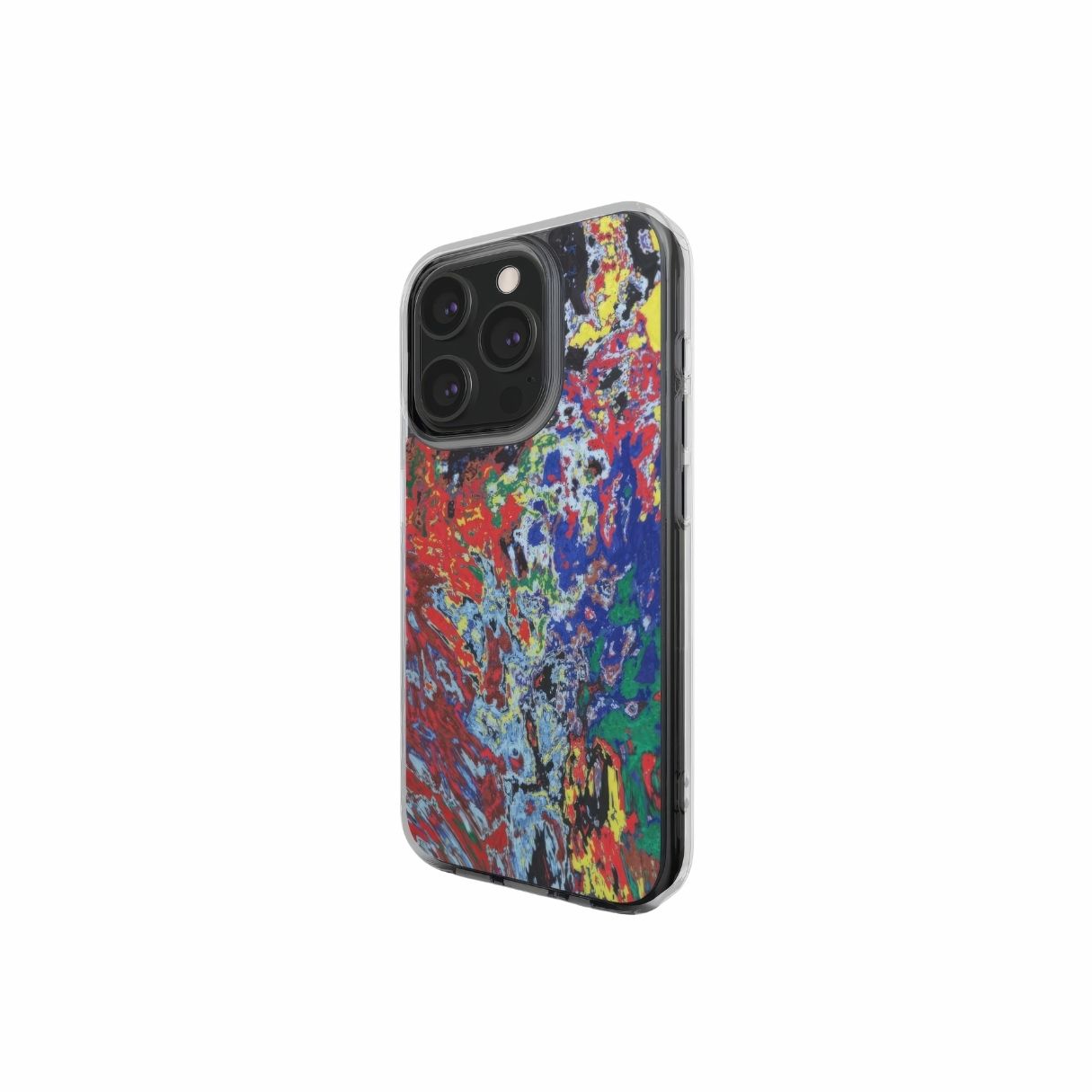 Clear phone case with a bold vivid pattern Graffiti Pulse abstract and artistic style, featuring an elegant and expressive aesthetic design. Main colors are red, blue, black and yellow. Side view.