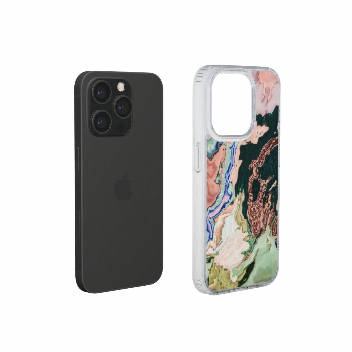 Clear phone case with a bold vivid pattern Green Not Grass abstract and artistic style, featuring an elegant and expressive aesthetic design. Main colors are green and pink hues. Extend view.