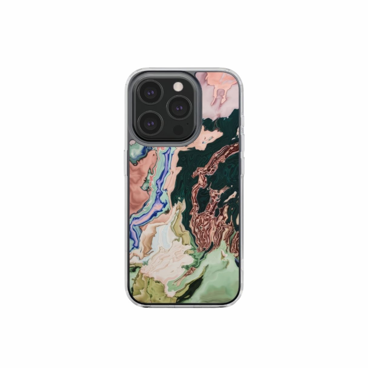 Clear phone case with a bold vivid pattern Green Not Grass abstract and artistic style, featuring an elegant and expressive aesthetic design. Main colors are green and pink hues. Front view.