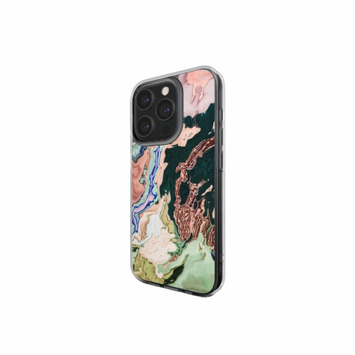 Clear phone case with a bold vivid pattern Green Not Grass abstract and artistic style, featuring an elegant and expressive aesthetic design. Main colors are green and pink hues. Side view.
