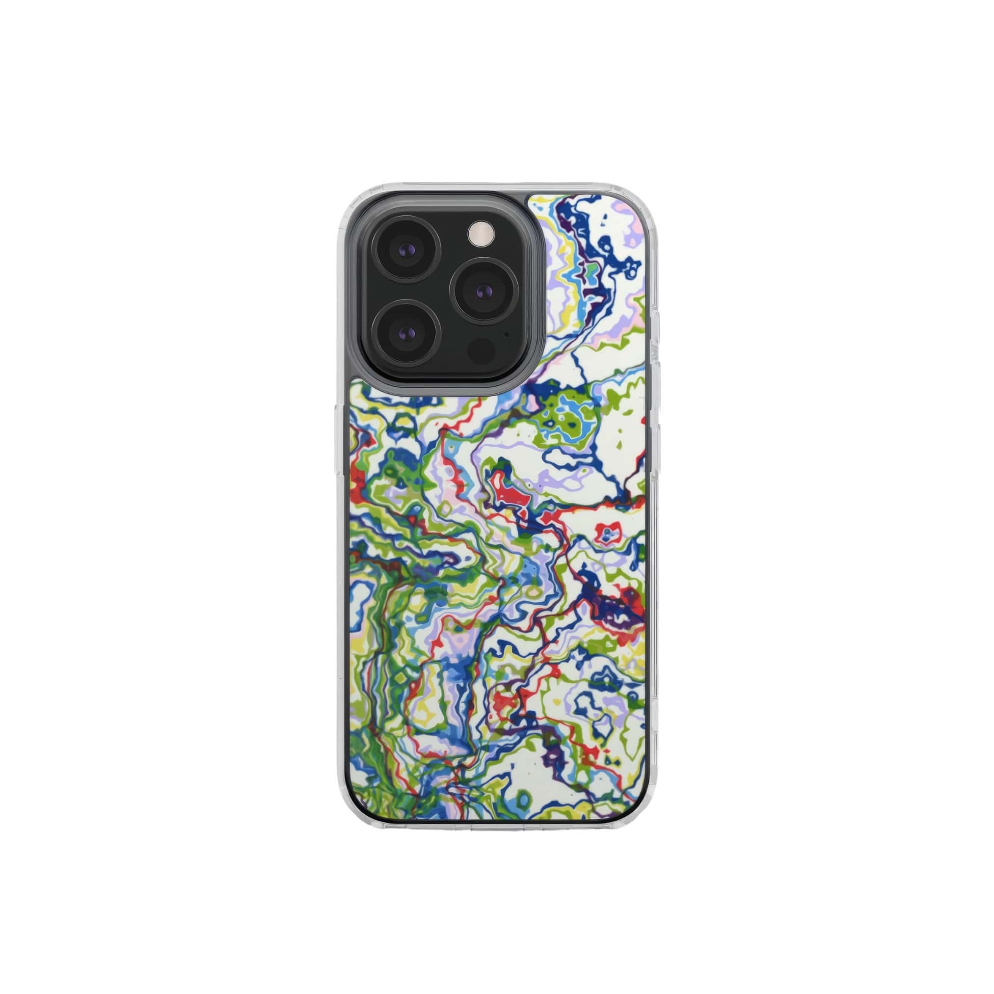 Clear phone case front view; Inside My Brain pattern, artistic, abstract marble pattern. Mix color combination. Bold expressive aesthetic design. Colorful and interior fit. Elegant.