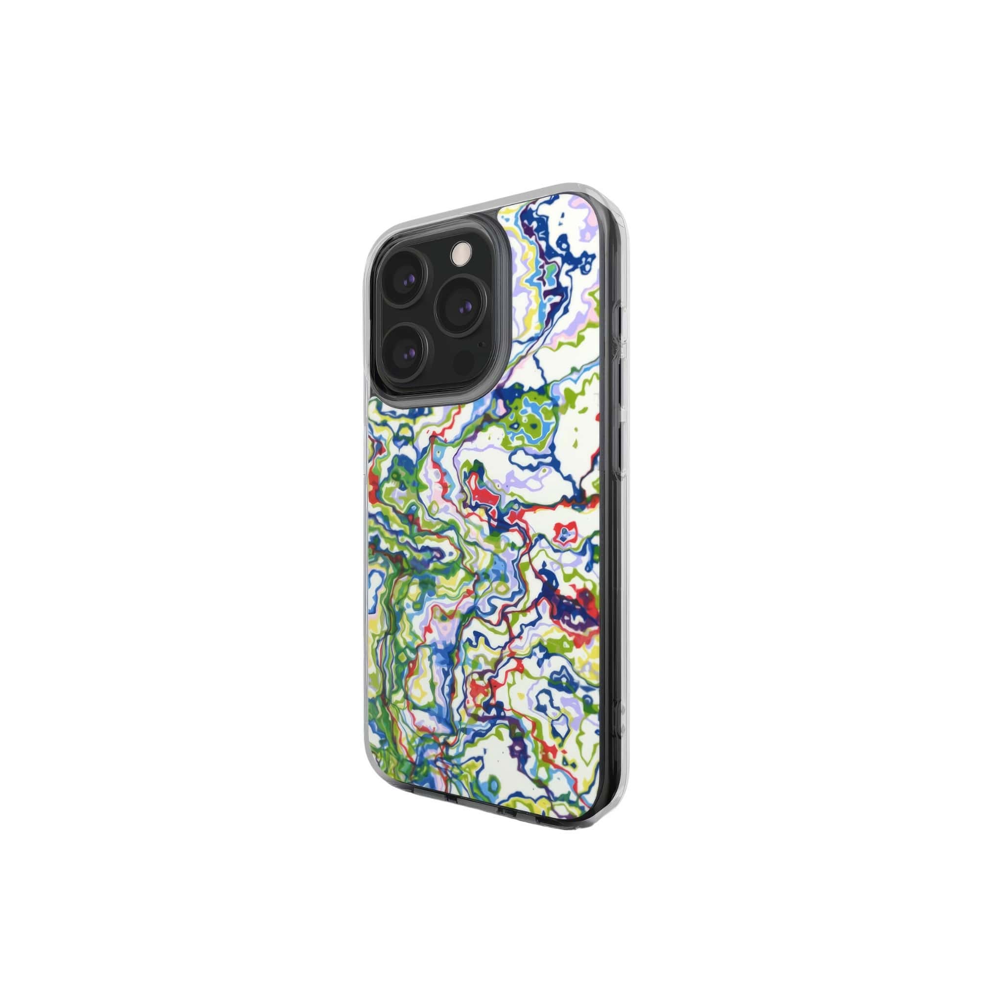 Clear phone case side view; Inside My Brain pattern, artistic, abstract marble pattern. Mix color combination. 