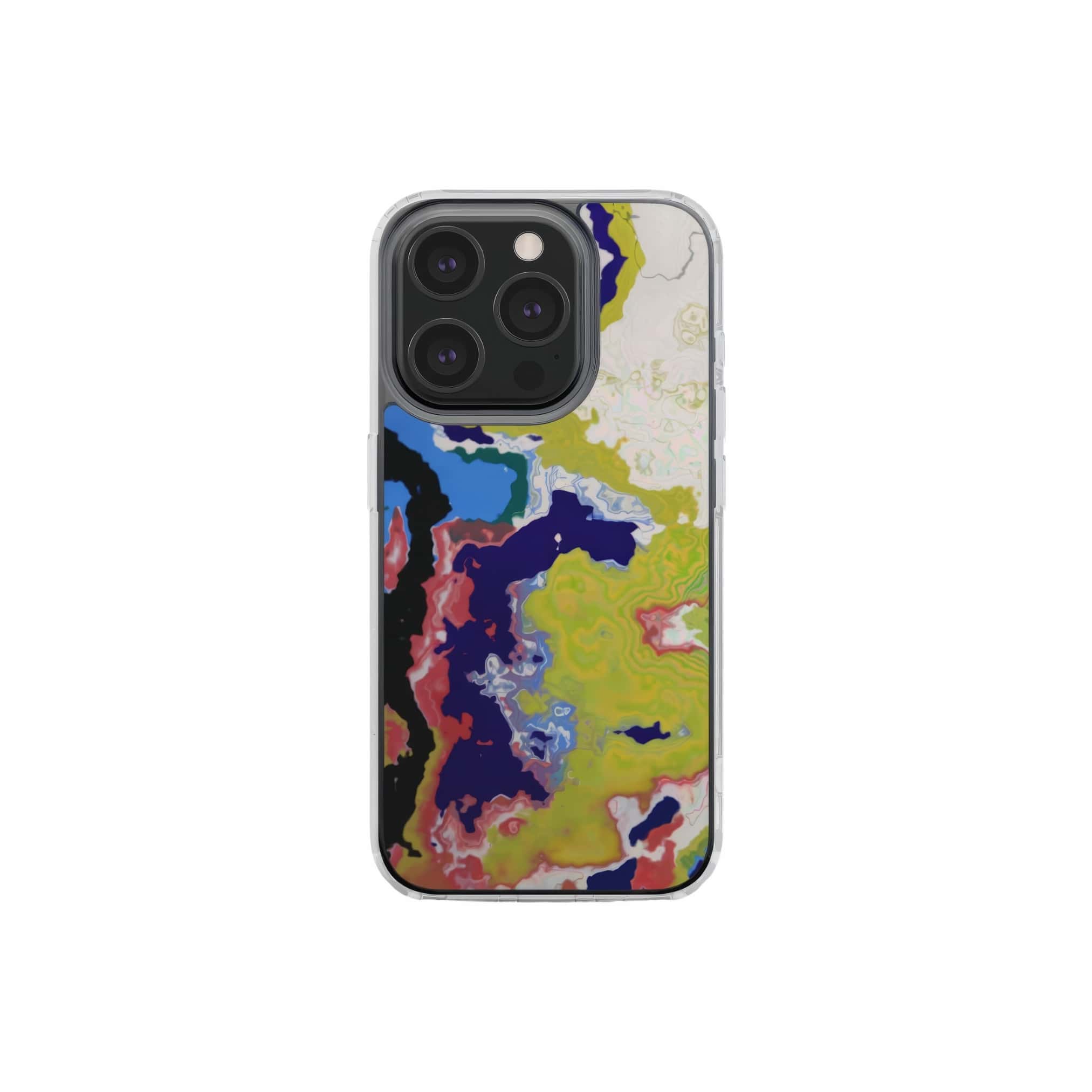 Clear phone case front view; Jamaica pattern, artistic, abstract marble pattern. Dark blue, yellow and white color combination. Bold expressive aesthetic design. Colorful and interior fit. Elegant.