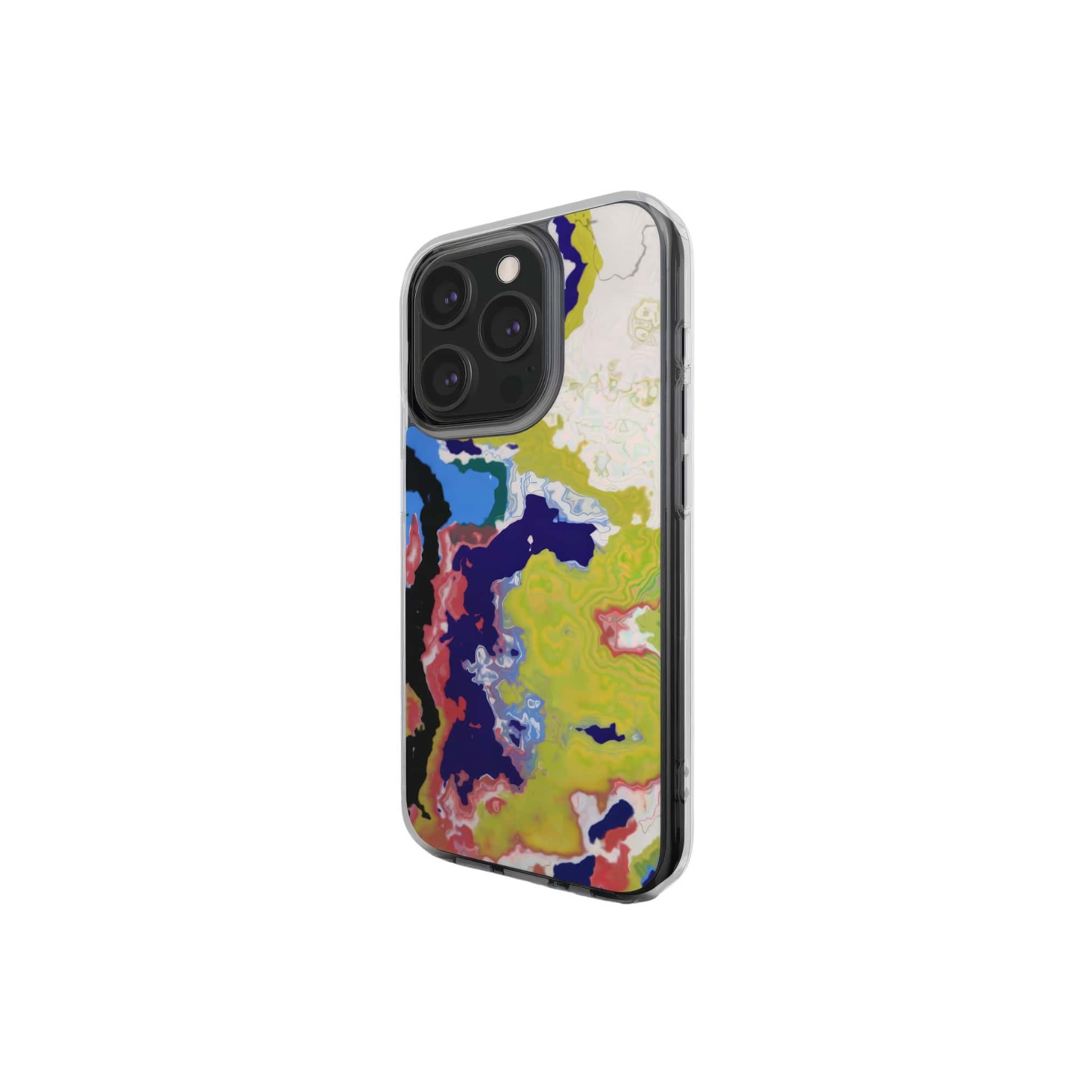 Clear phone case side view; Jamaica pattern, artistic, abstract marble pattern. Dark blue, yellow and white color combination.