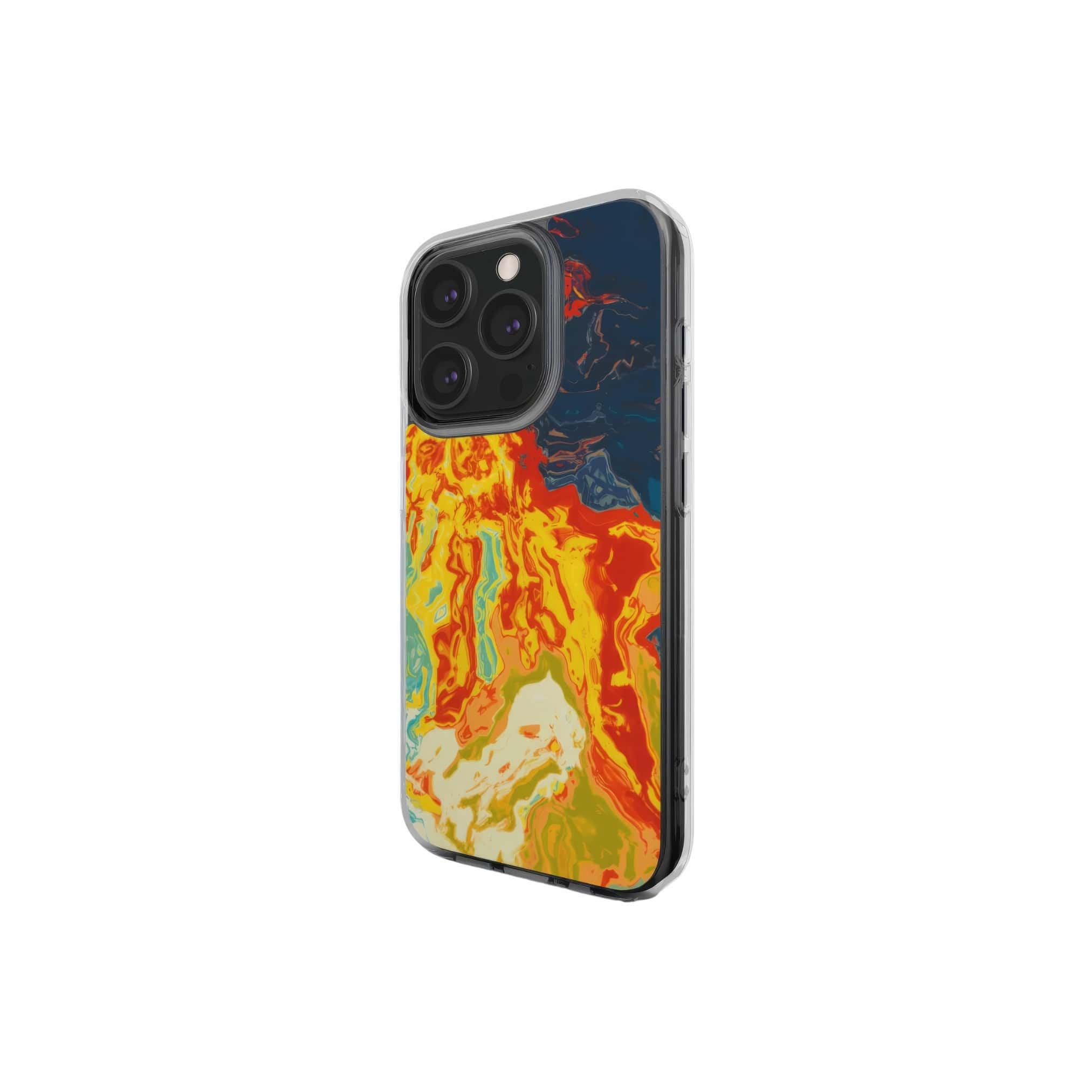 Clear phone case with a bold vivid pattern in marble abstract and artistic style, featuring an elegant and expressive aesthetic design. Main colors are navy deep blue, rich yellow, red and marine blue. Side view.