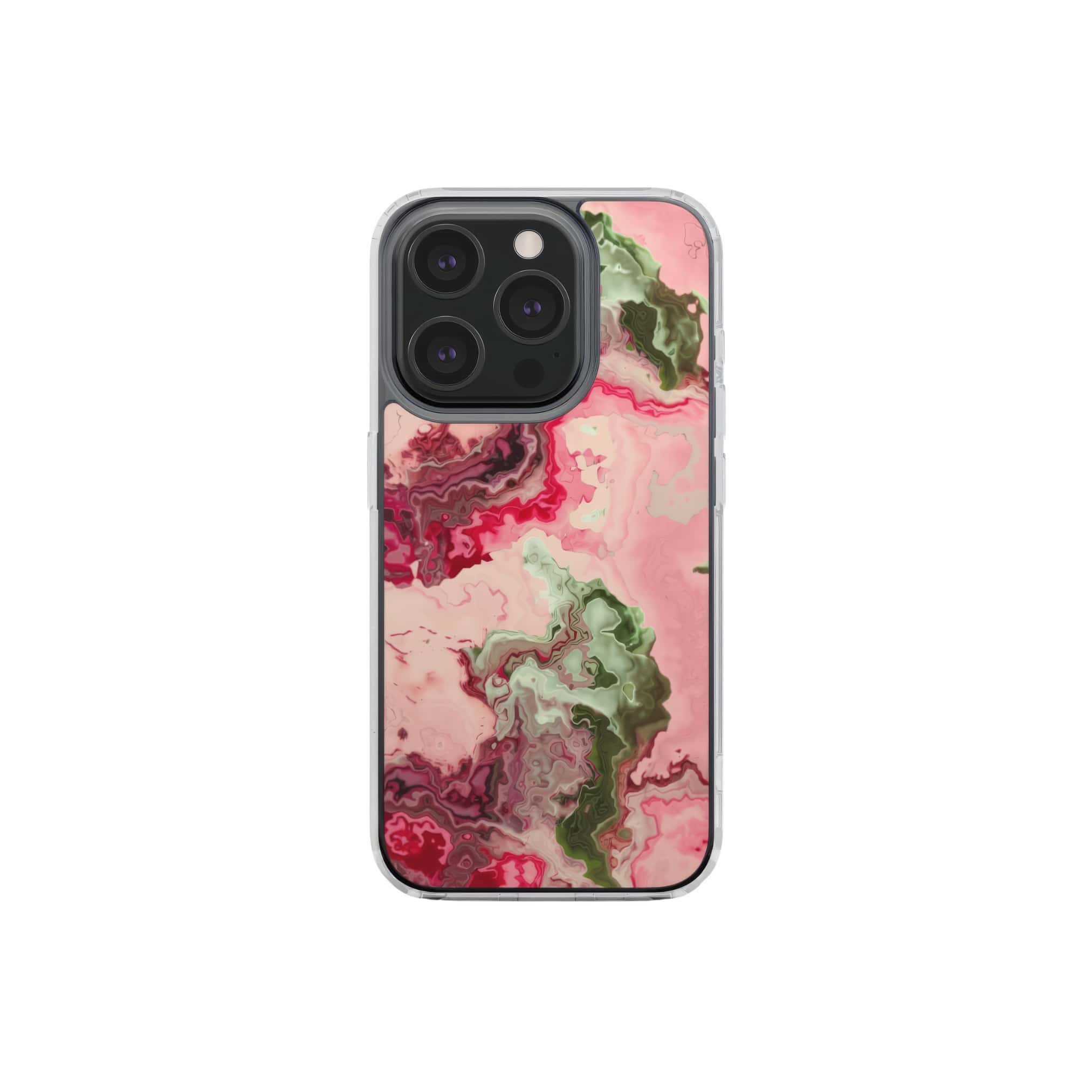 Clear phone case with a bold vivid pattern Like Flamingo 1 in marble abstract and artistic style, featuring an elegant and expressive aesthetic design. Main colors are pink and green. Front view.