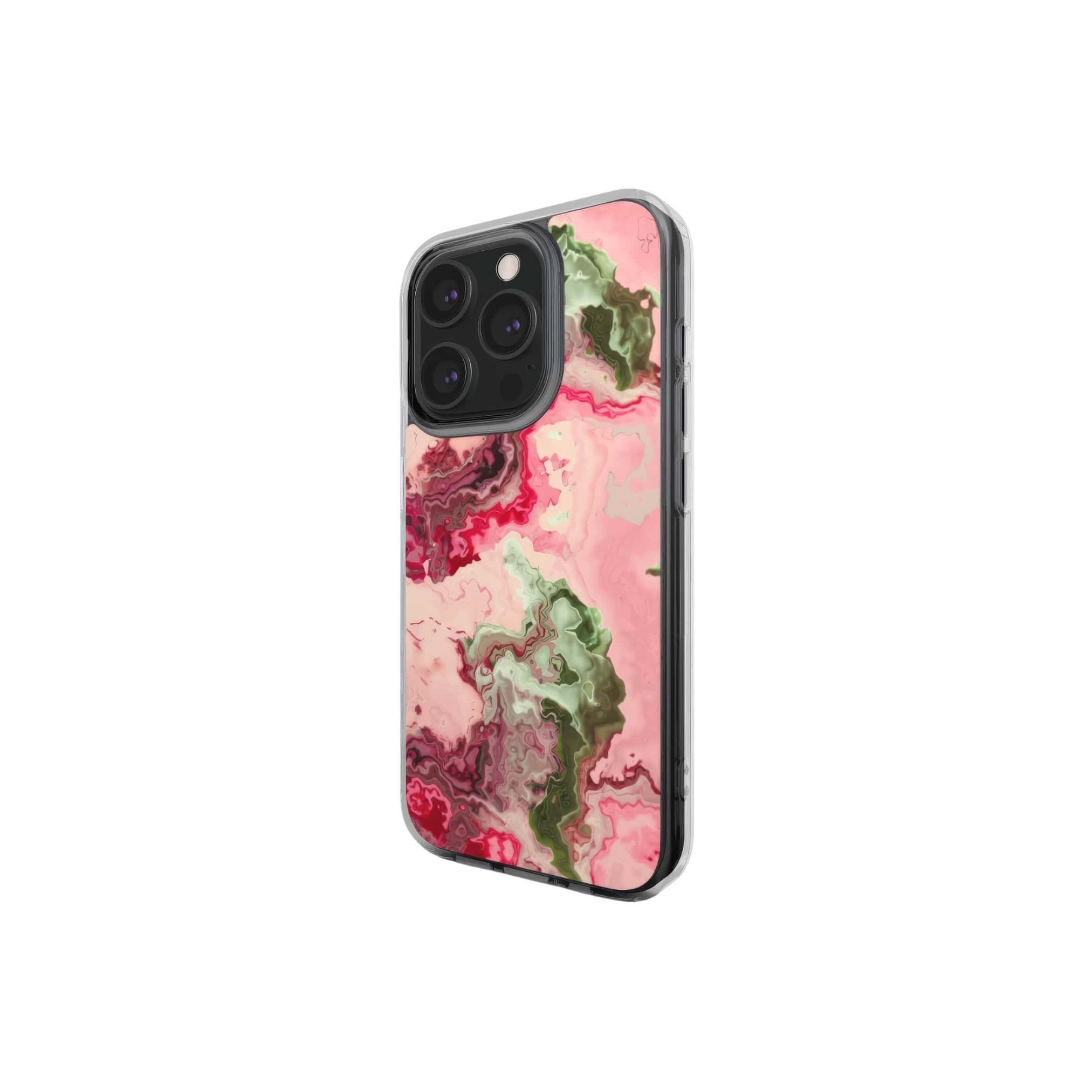 Clear phone case with a bold vivid pattern Like Flamingo 1 in marble abstract and artistic style, featuring an elegant and expressive aesthetic design. Main colors are pink and green. Side view.
