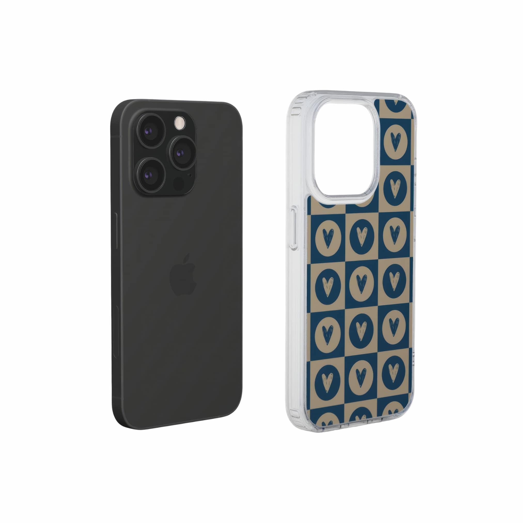 Clear phone case LovDot Blue pattern design with a dynamic geometric symmetry in heart and dot style, featuring an elegant and expressive aesthetic design. Main colors are steel blue and light brown. Extend view.