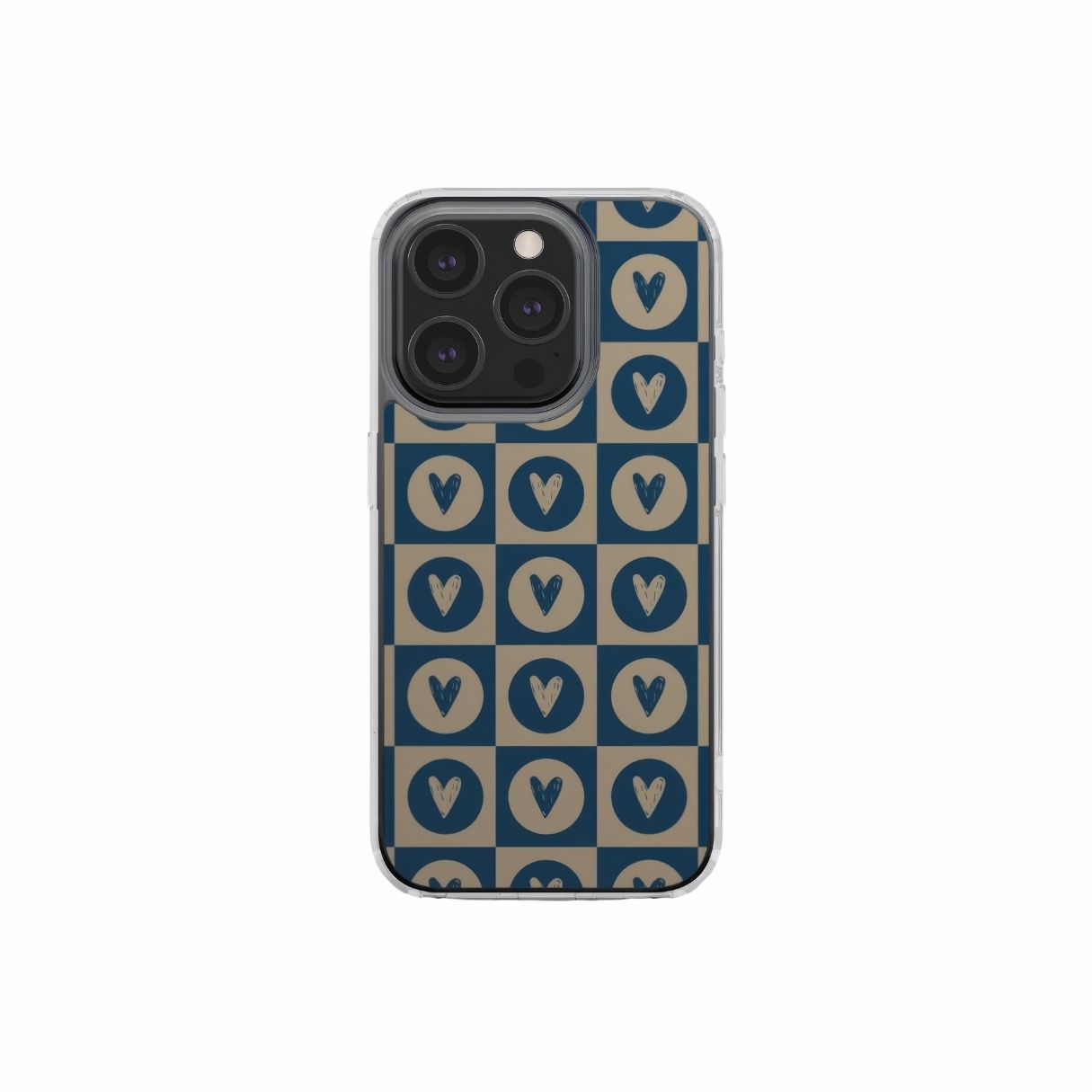 Clear phone case LovDot Blue pattern design with a dynamic geometric symmetry in heart and dot style, featuring an elegant and expressive aesthetic design. Main colors are steel blue and light brown. Front view.