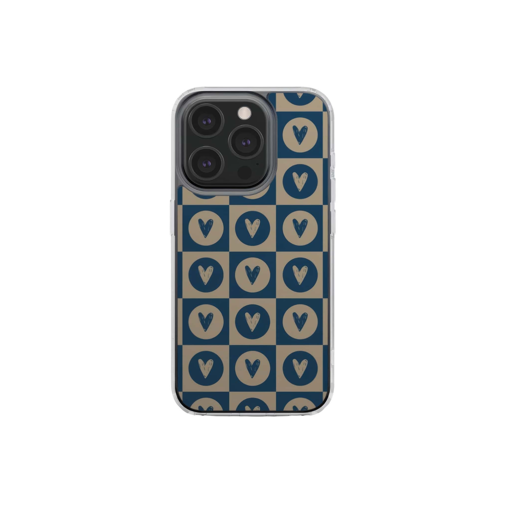 Clear phone case LovDot Blue pattern design with a dynamic geometric symmetry in heart and dot style, featuring an elegant and expressive aesthetic design. Main colors are steel blue and light brown. Front view.