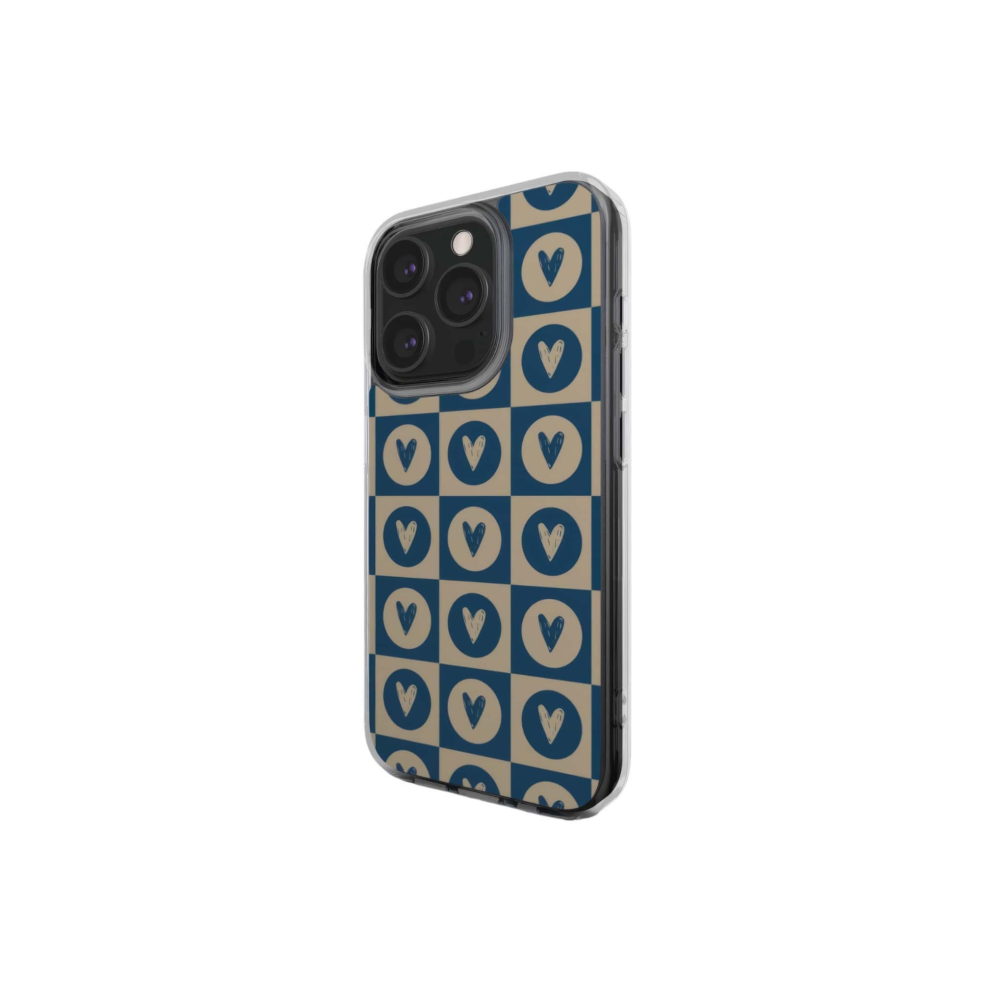 Clear phone case LovDot Blue pattern design with a dynamic geometric symmetry in heart and dot style, featuring an elegant and expressive aesthetic design. Main colors are steel blue and light brown. Side view.