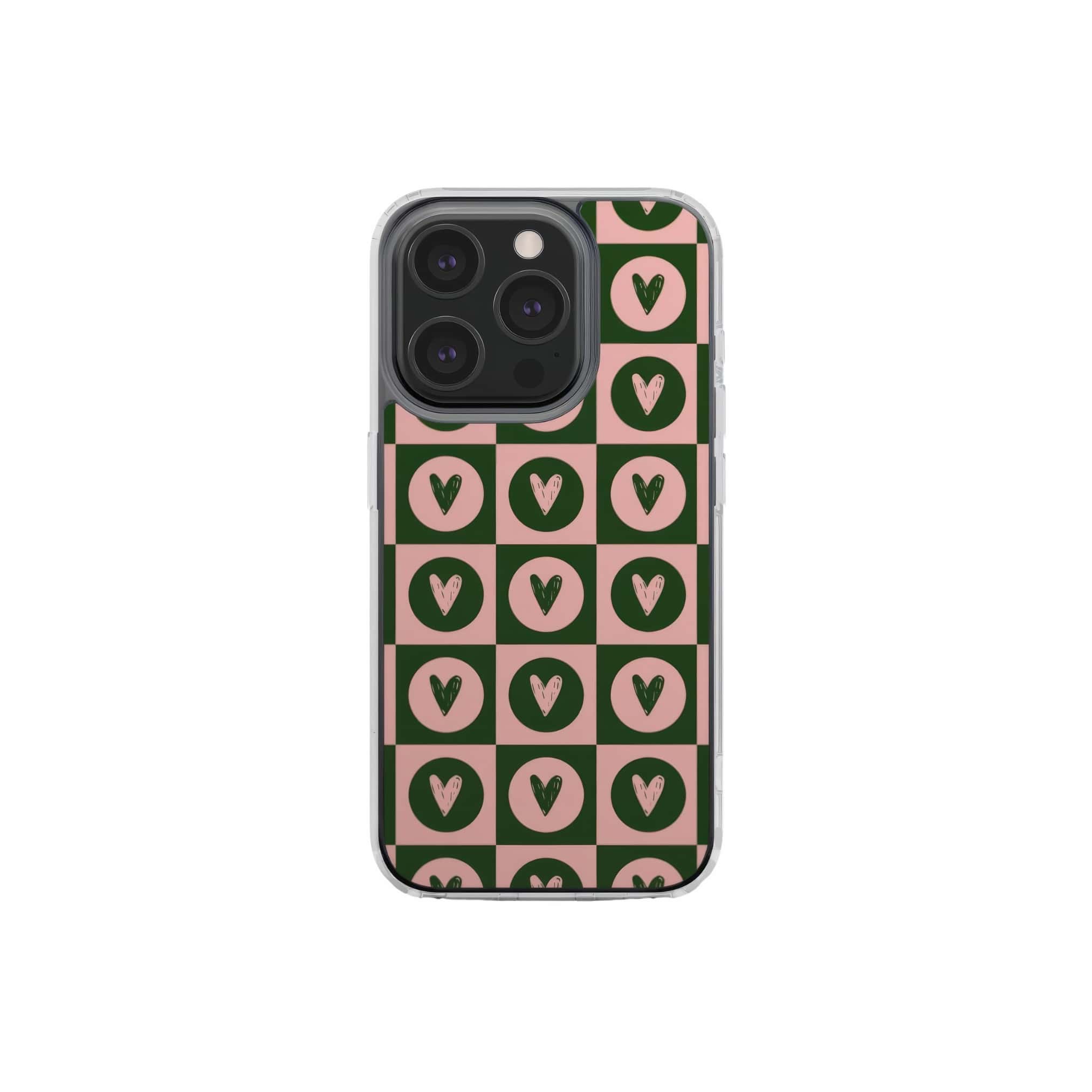 Clear phone case LovDot Vintage Rose pattern design with a dynamic geometric symmetry in heart and dot style, featuring an elegant and expressive aesthetic design. Main colors are vintage pink and green. Front view. 