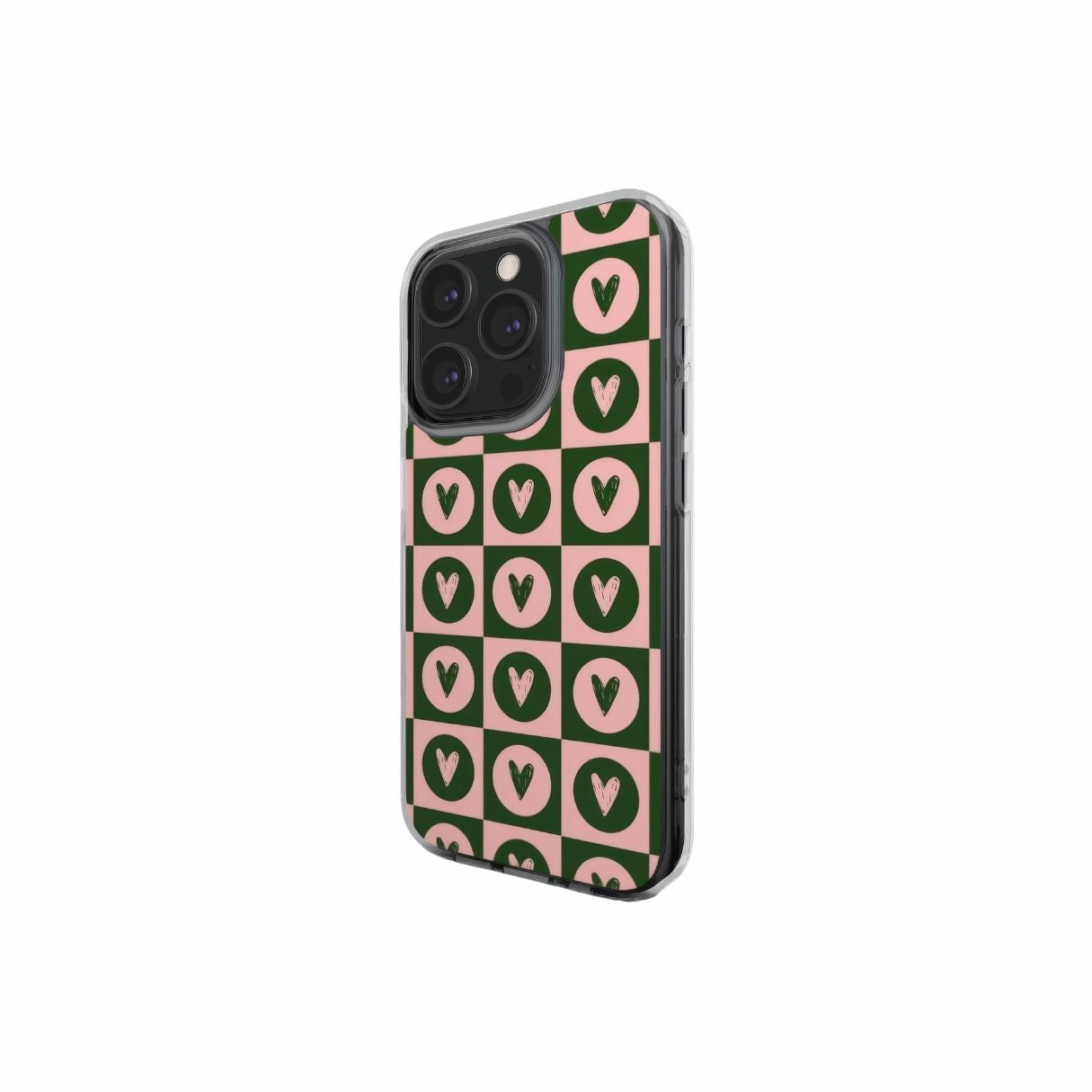 Clear phone case LovDot Vintage Rose pattern design with a dynamic geometric symmetry in heart and dot style, featuring an elegant and expressive aesthetic design. Main colors are vintage pink and green. Side view.
