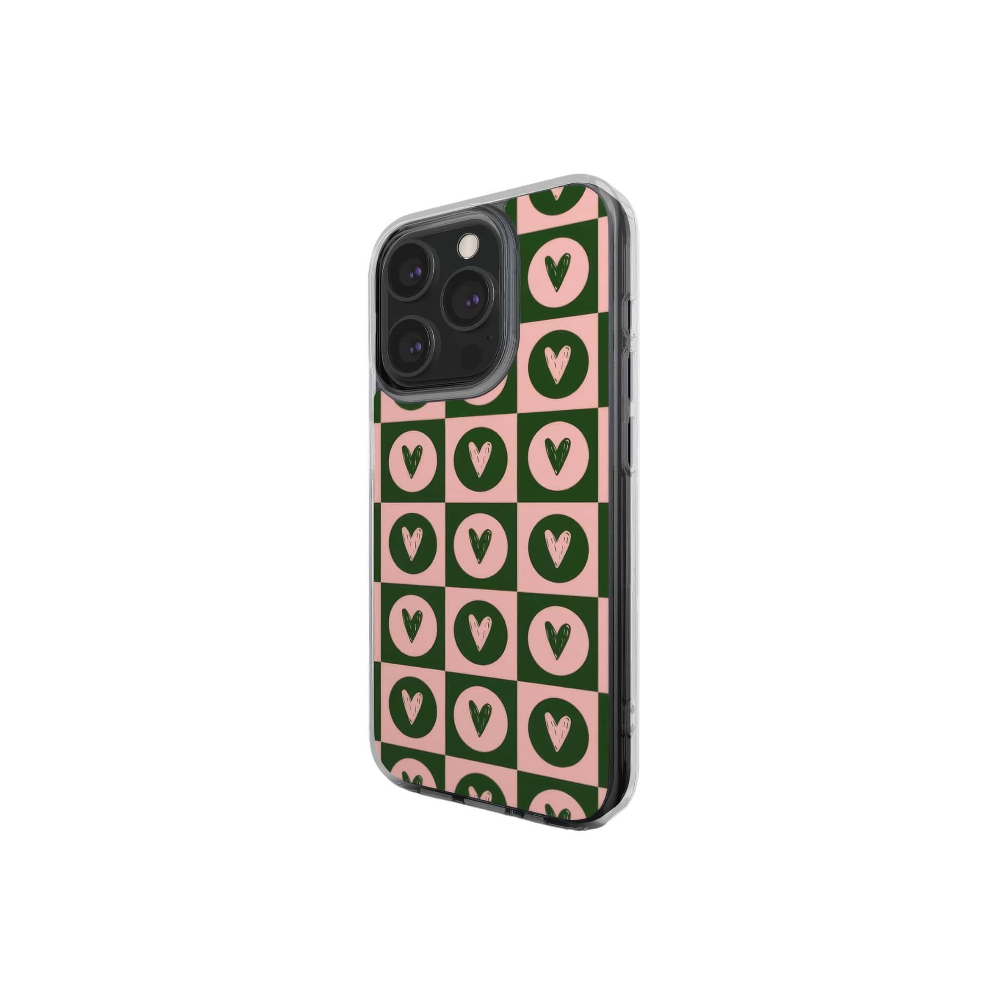 Clear phone case LovDot Vintage Rose pattern design with a dynamic geometric symmetry in heart and dot style, featuring an elegant and expressive aesthetic design. Main colors are vintage pink and green. Side view.