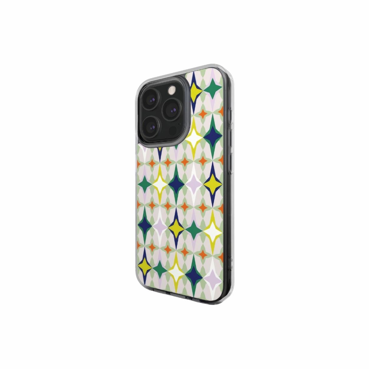 Clear phone case Magic Spring pattern design with a dynamic geometric symmetry in geometric style, featuring an elegant and expressive aesthetic design. Main colors are green, yellow, orange red and deep blue. Side view.