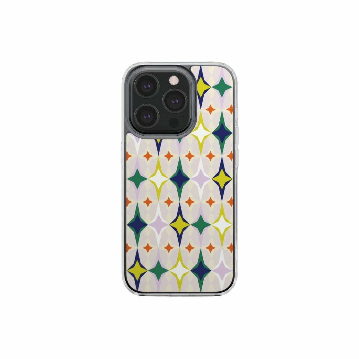 Clear phone case Magic Summer pattern design with a dynamic geometric symmetry in geometric style, featuring an elegant and expressive aesthetic design. Main colors are green, yellow, orange red and lilac. Front view.