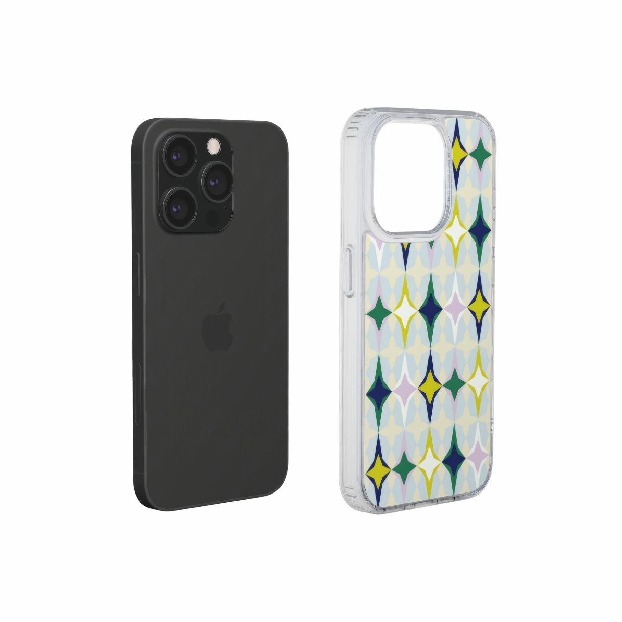 Clear phone case Magic Winter pattern design with a dynamic geometric symmetry in geometric style, featuring an elegant and expressive aesthetic design. Main colors are divine blue, yellow, green and deep blue. Extend view.
